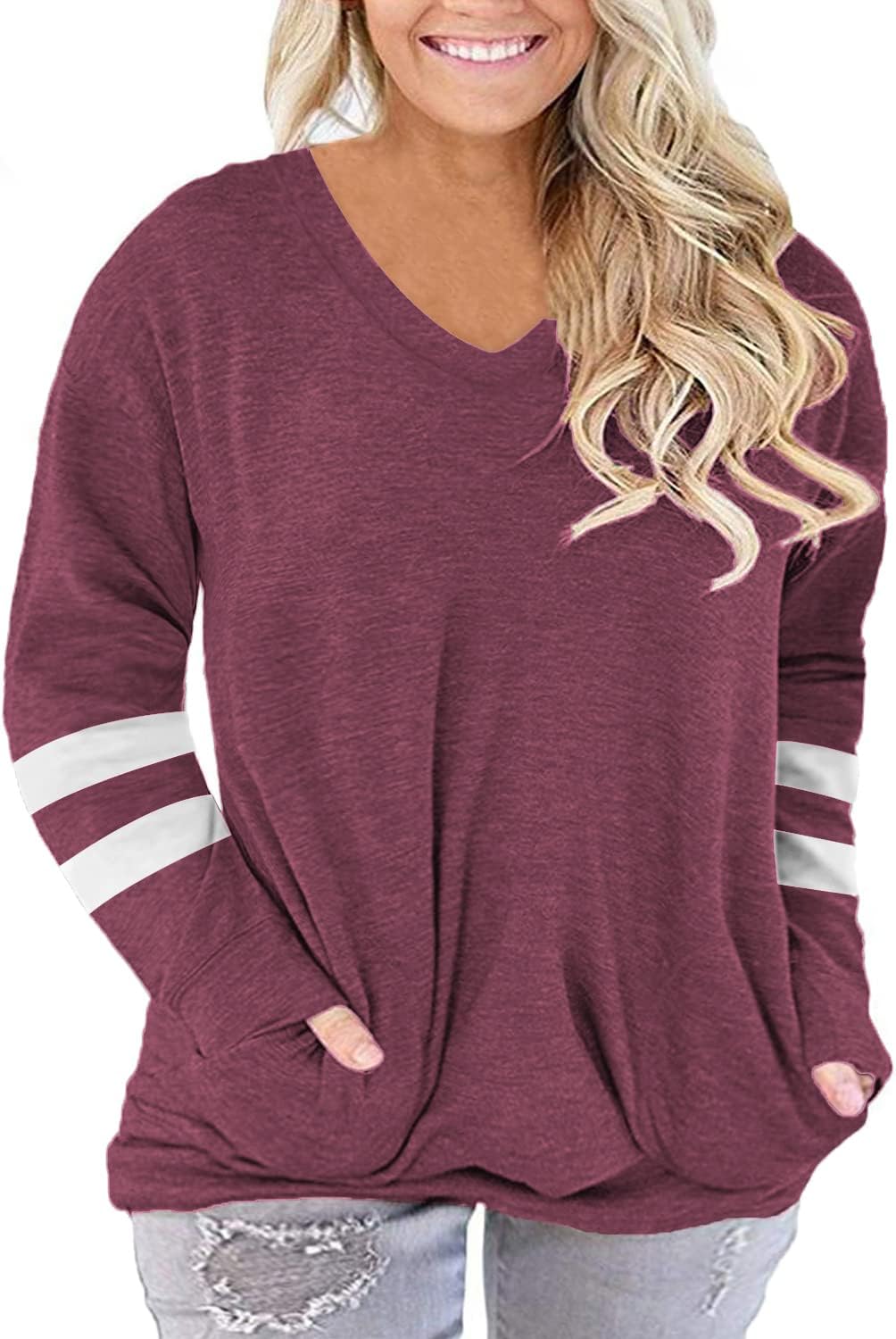 ROSRISS Plus-Size-Tops for Women Long Sleeve V Neck Shirts Oversized Pockets Tun...