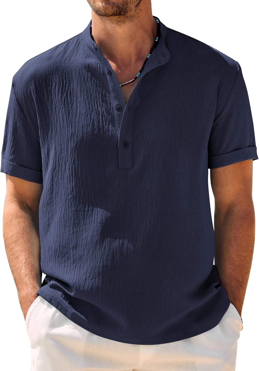 COOFANDY Men's Casual Henley Shirt Band Collar Short Sleeve Shirt Summer Beach H...
