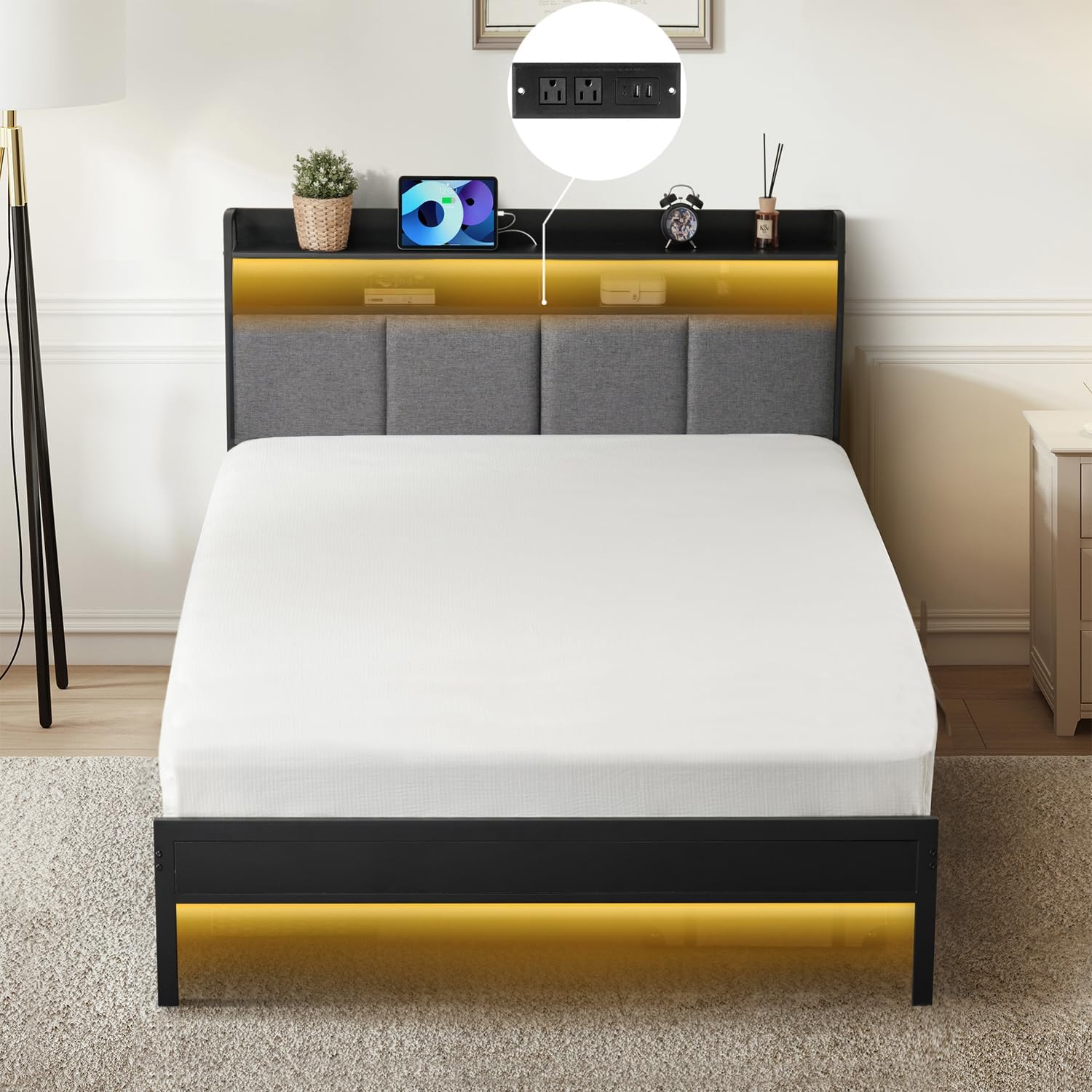 Z-hom Upholstered Twin Bed Frames, Upgraded Metal Bed Frame with LED Lights Head...