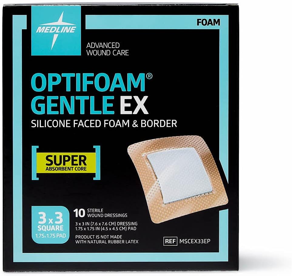 Medline Optifoam Gentle EX Bordered Foam Adhesive Dressing, 3" x 3" Square (10 C...