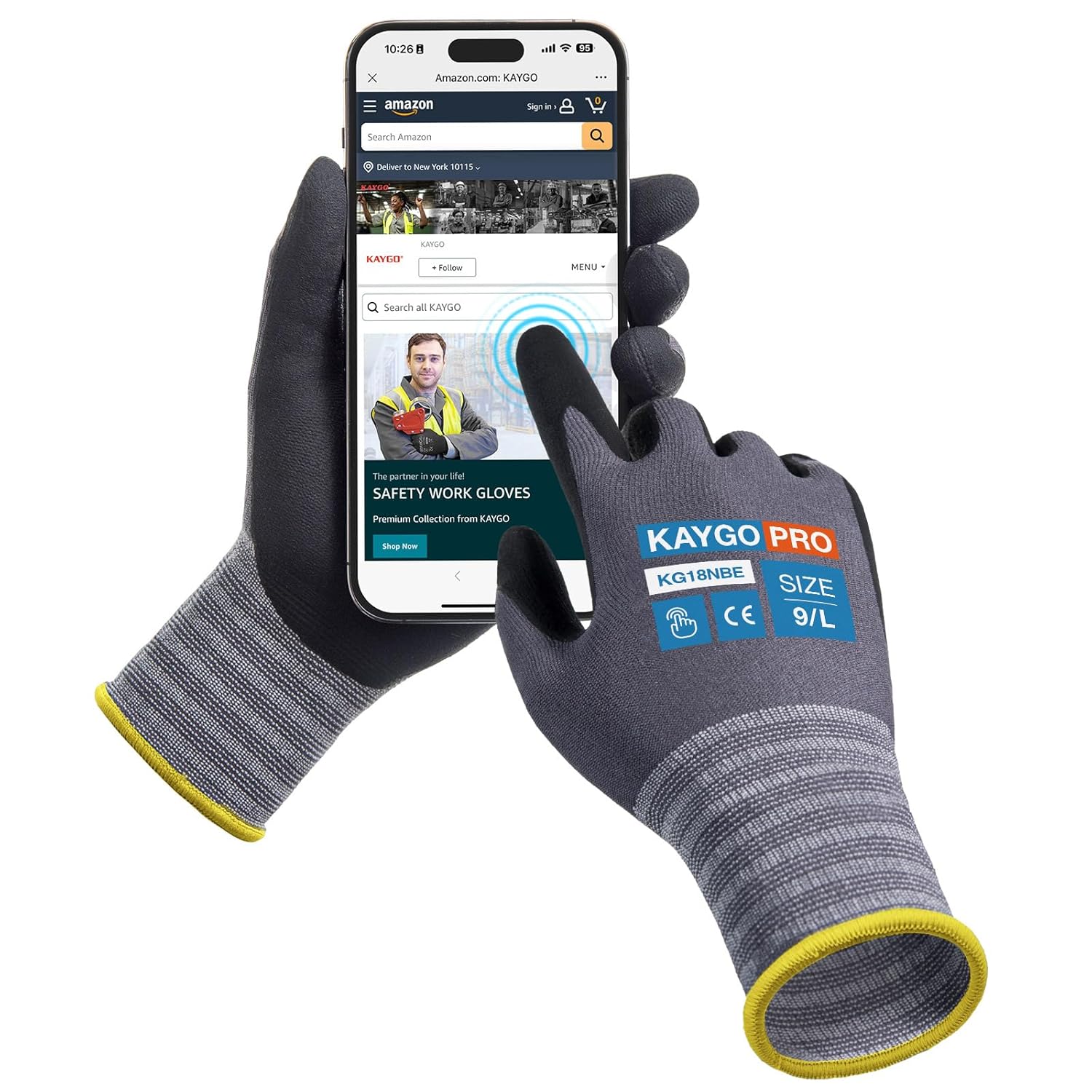 KAYGO 3 Pairs Safety Work Gloves MicroFoam Nitrile Coated Touchscreen, KG18NBE,...