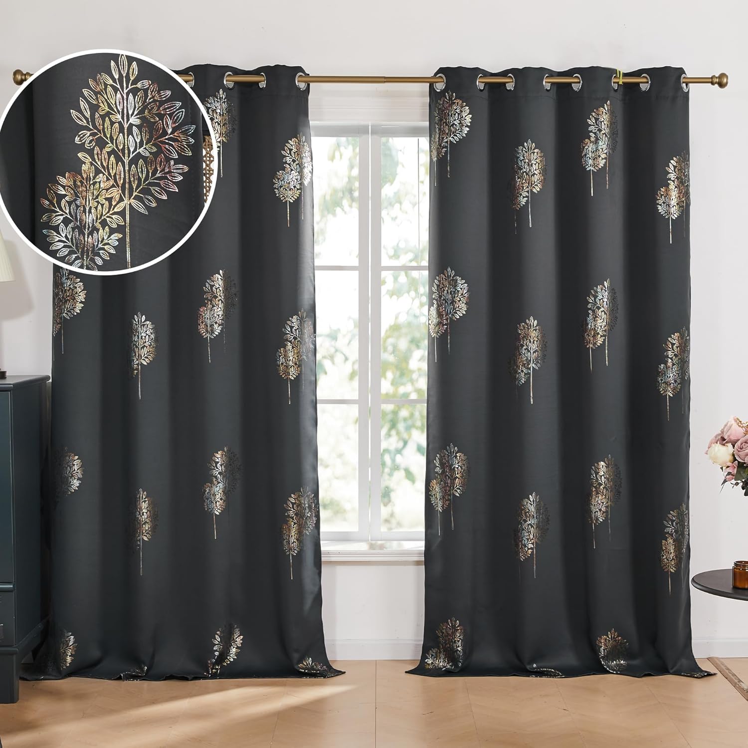 Deconovo Blackout Curtains, Decorative Silver Foil Print Room Darkening Curtain...