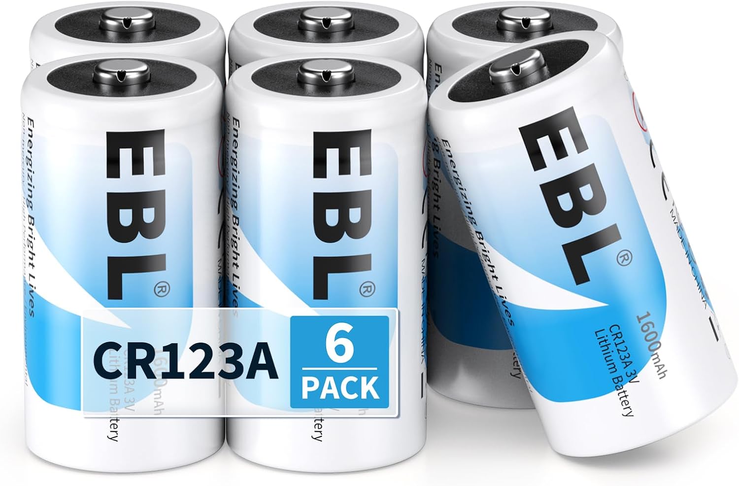 EBL CR123A Battery 6 Count, 123A 123 3V Lithium Batteries 1600mAh High Power, 10...
