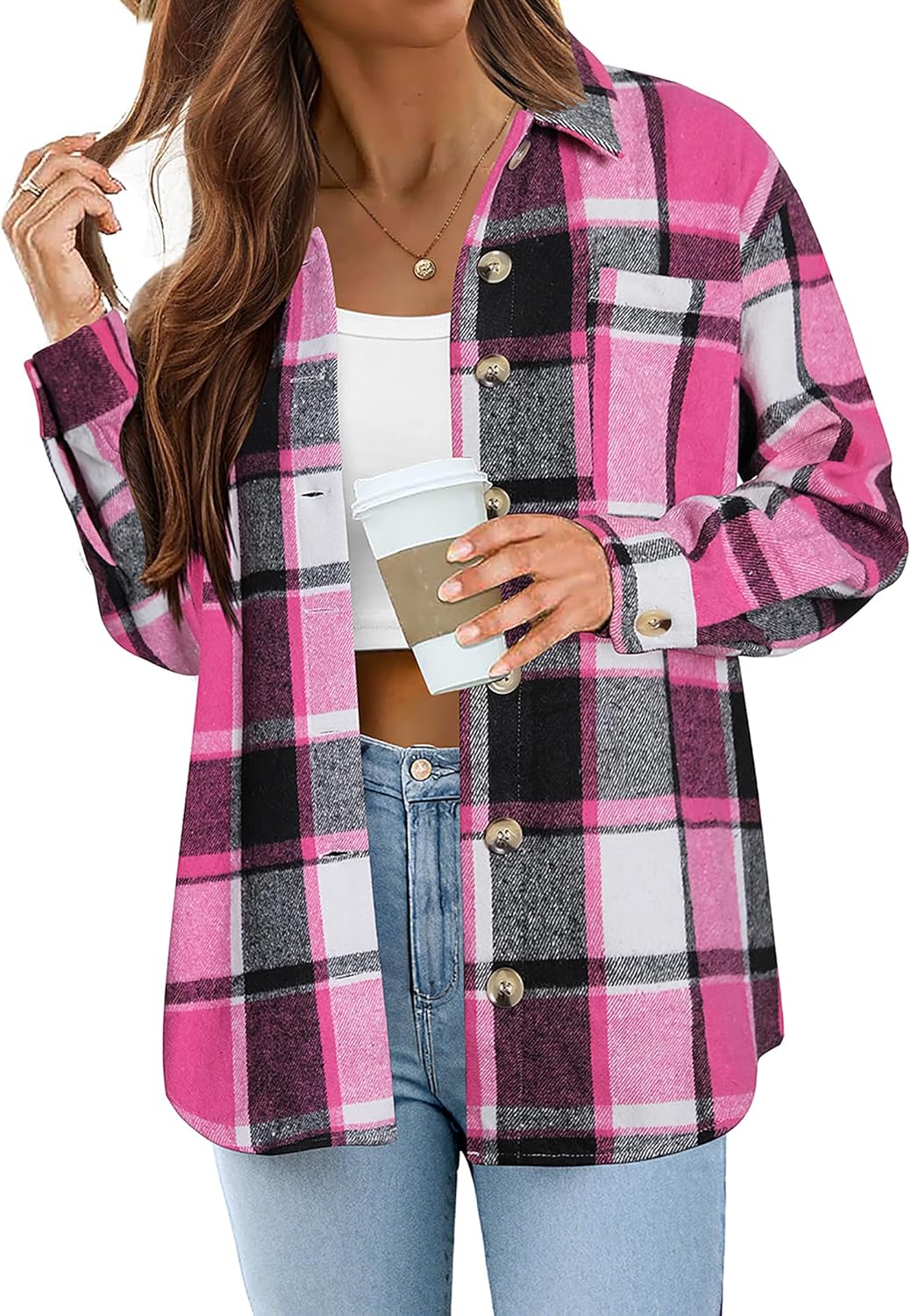 Zeagoo Women Flannel Shacket Jacket Plaid Button Down Long Sleeve Shirt Fall Out...