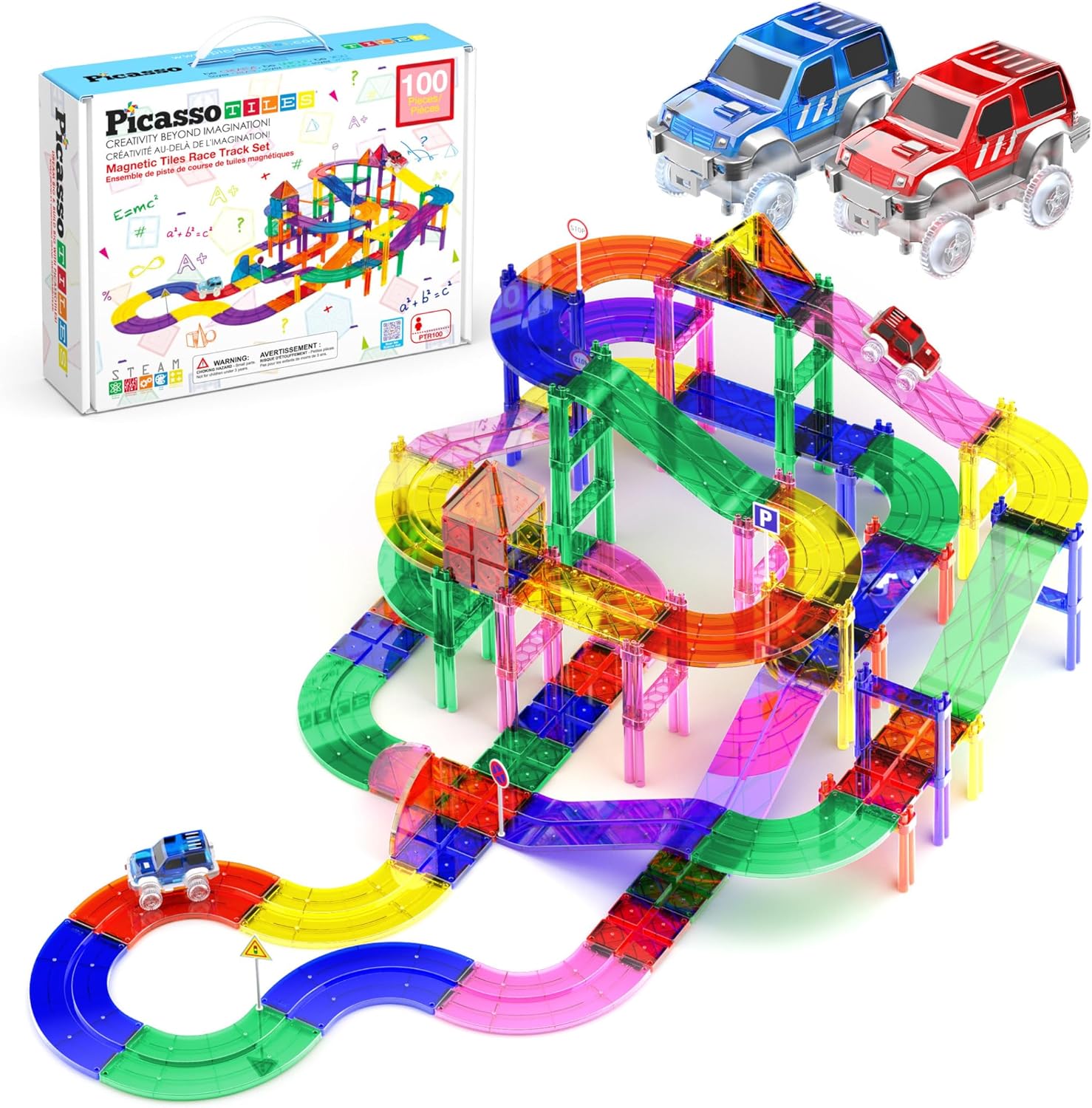 PicassoTiles 100 PCs Race Car Track Set Magnetic Toy Building Block with 2 LED C...