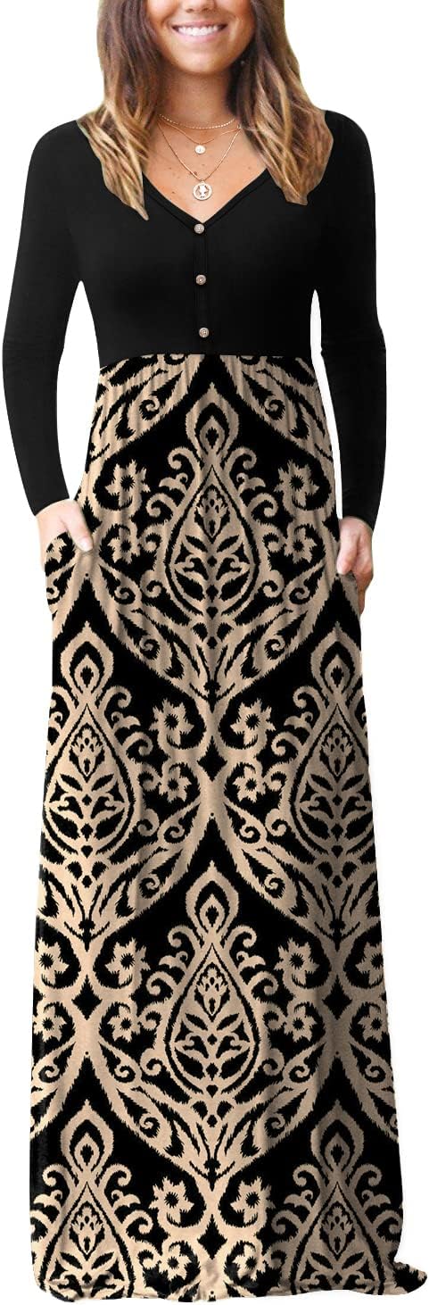 GRECERELLE Womens Maxi Dress 2024 Long Sleeve V Neck Casual Button Boho Tshirt L...