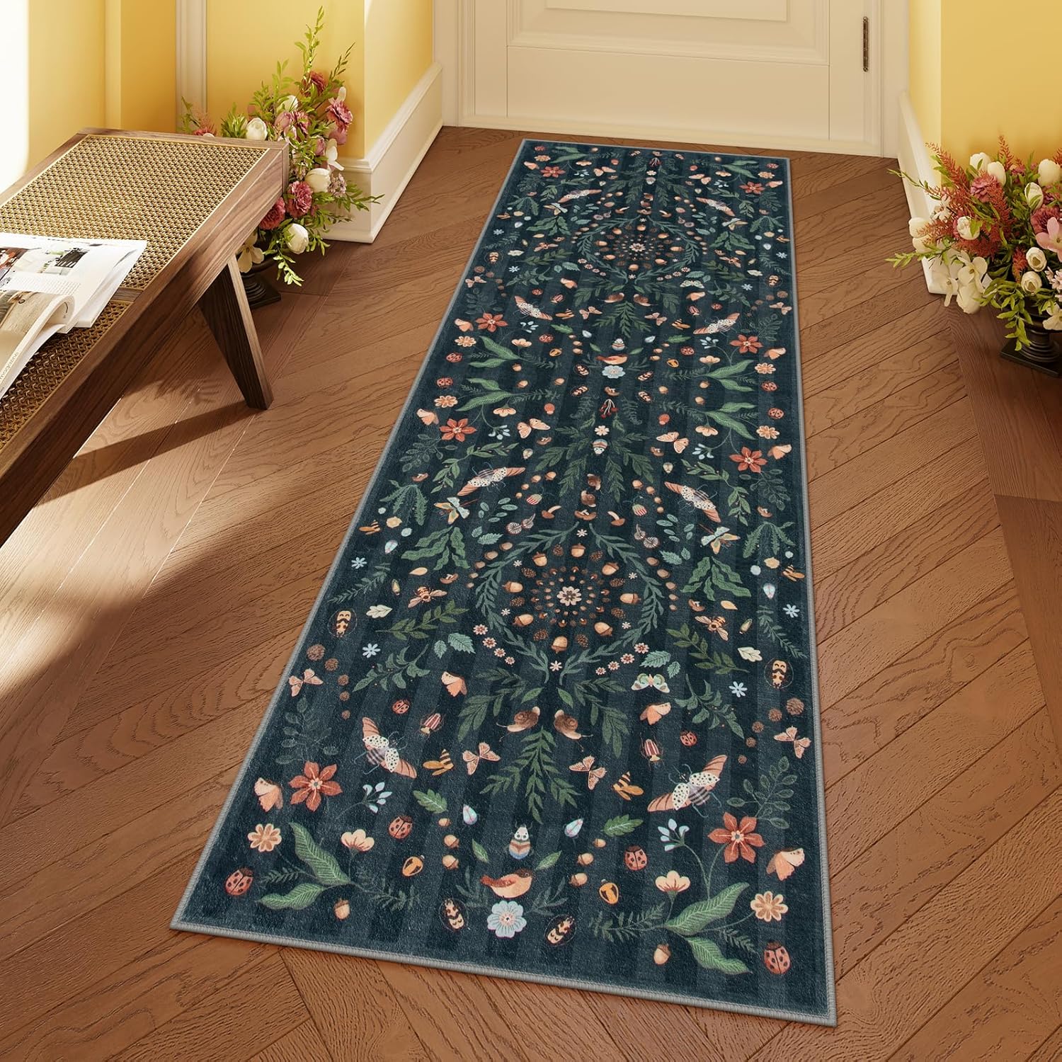 Lahome Insect Botanical 2x6 Washable Rug Runners for Hallways Non Slip,Black Bat...