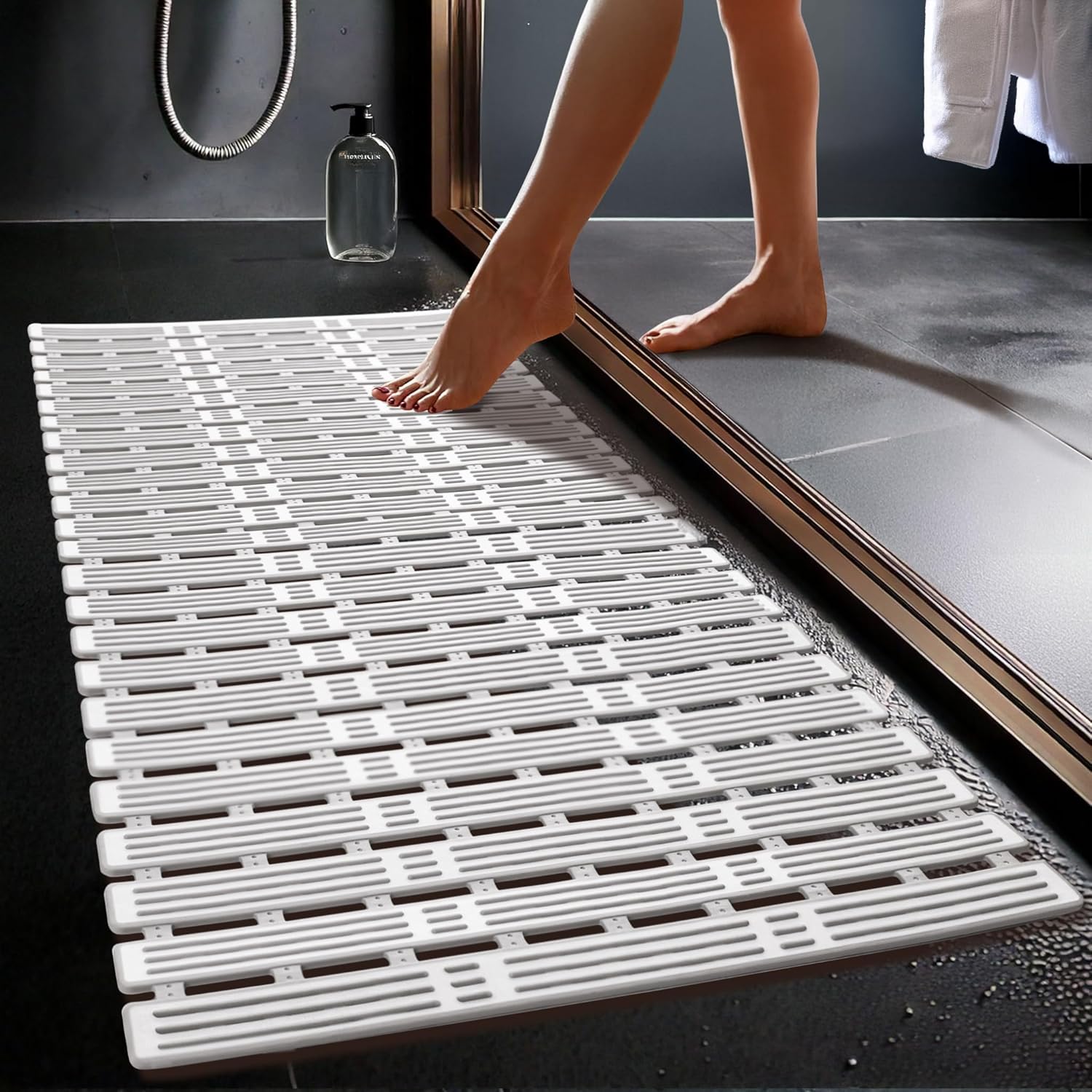 Shower Mat Non Slip Anti Mould - White & Grey 90x40cm Non Slip Bath Mats For Ins...