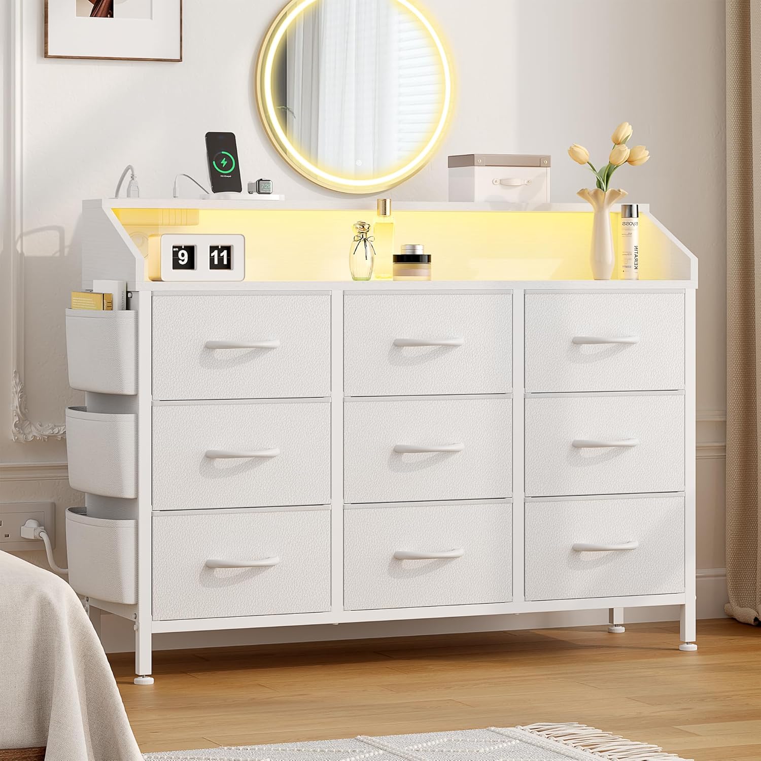 Lulive White Dresser for Bedroom 9 Drawers - Fabric Dressers for Bedroom with LE...