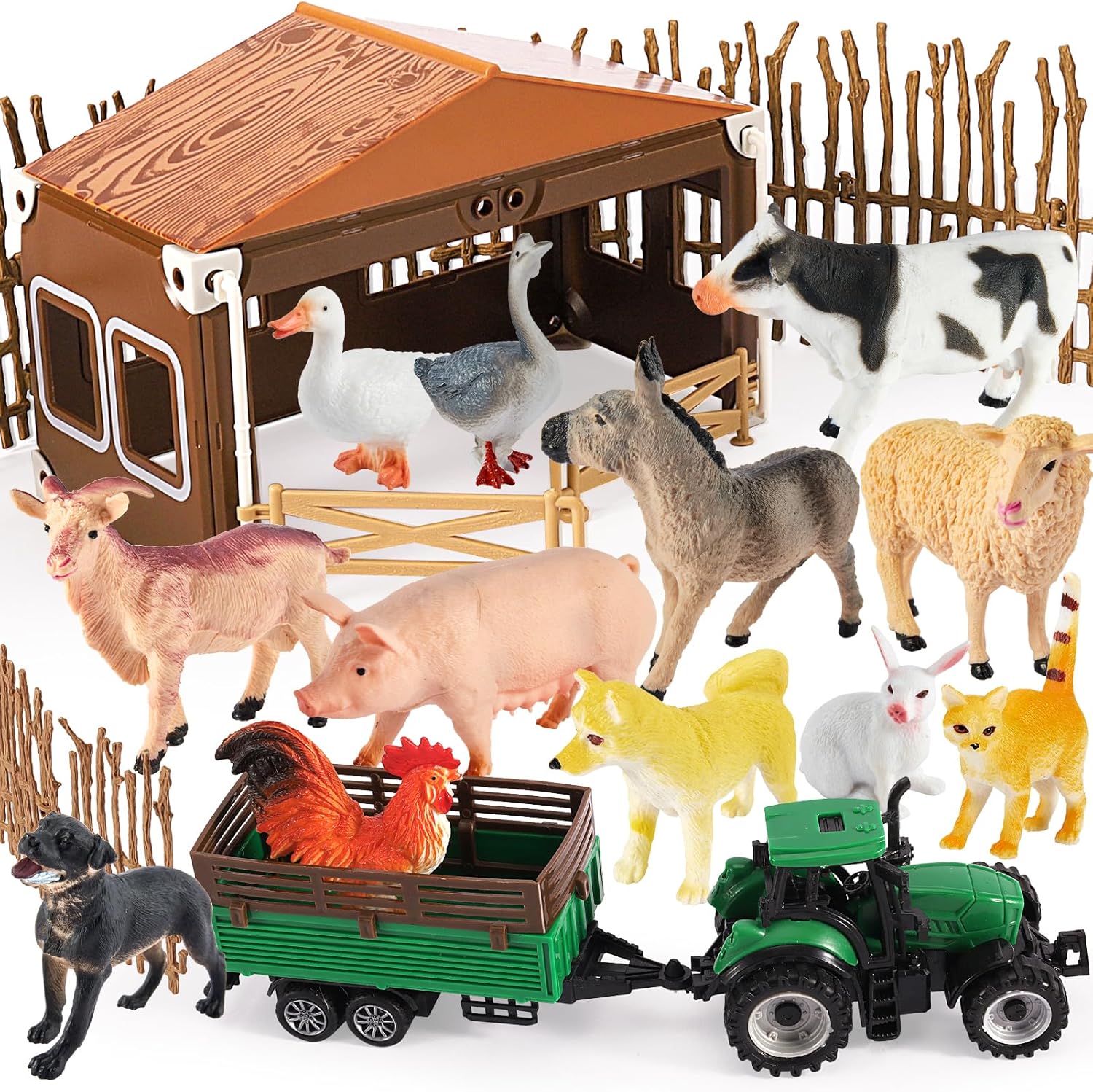 BUYGER Farm Animals Figures Set, Different Size with Tractor Trailer Vehicle Toy...