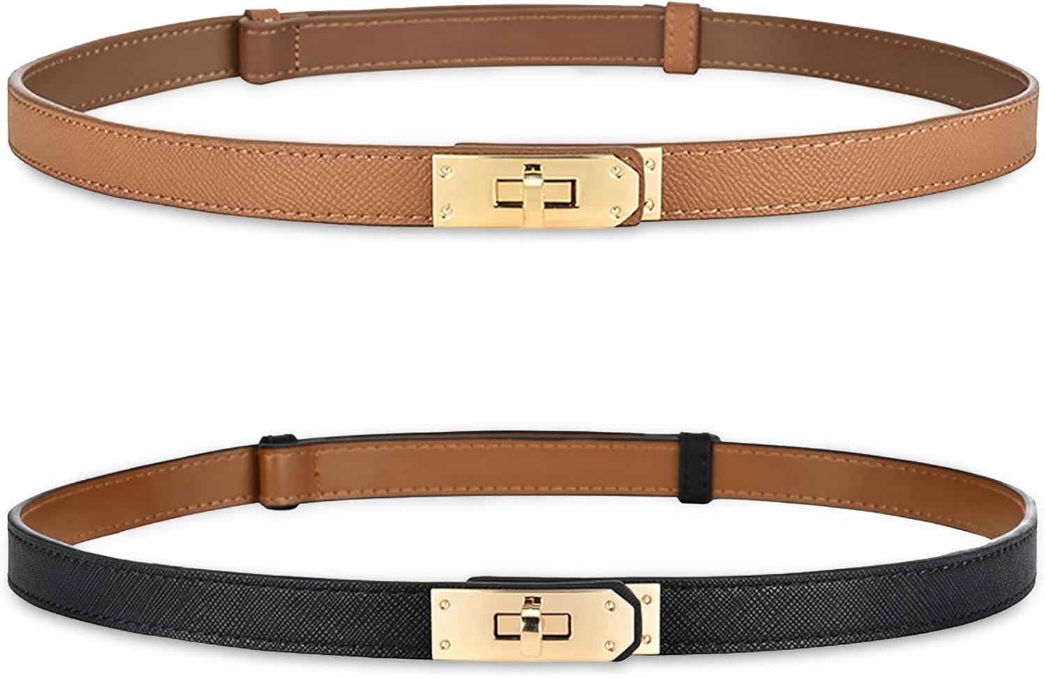 Women's Skinny Leather Belt with Adjustable Silver Turn-Lock Buckle - Ideal for...