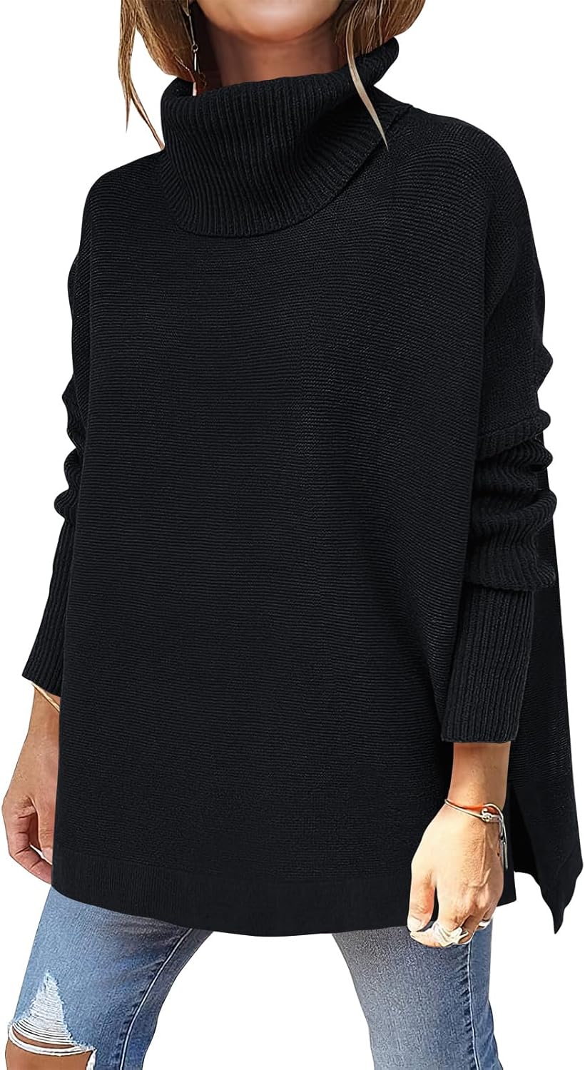 ANRABESS Women's Oversized Turtleneck Batwing Sleeve Spilt Casual Loose Knit Tun...