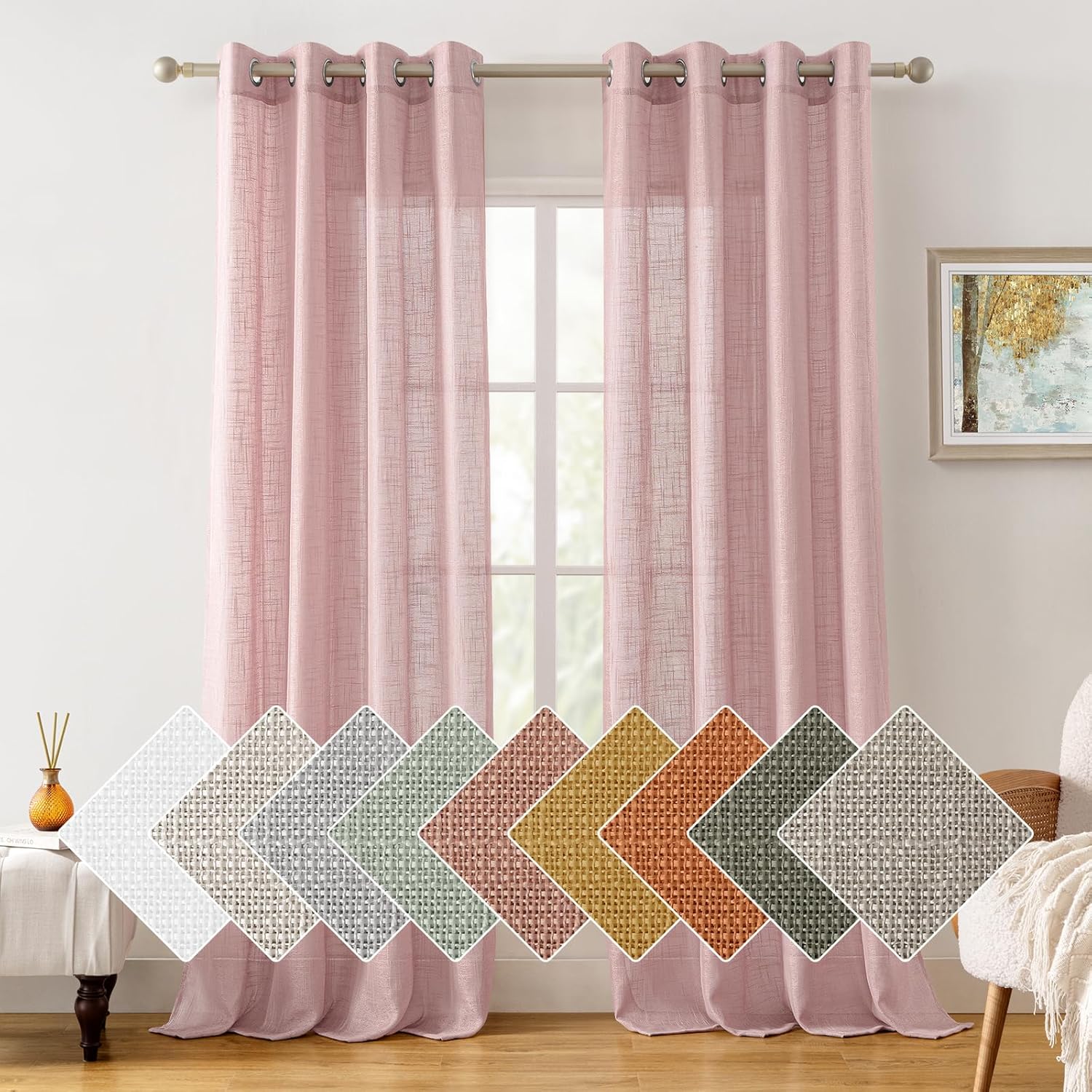 HOMEIDEAS Pink Linen Sheer Curtains 108 Inches Long 2 Panels Textured Semi Sheer...