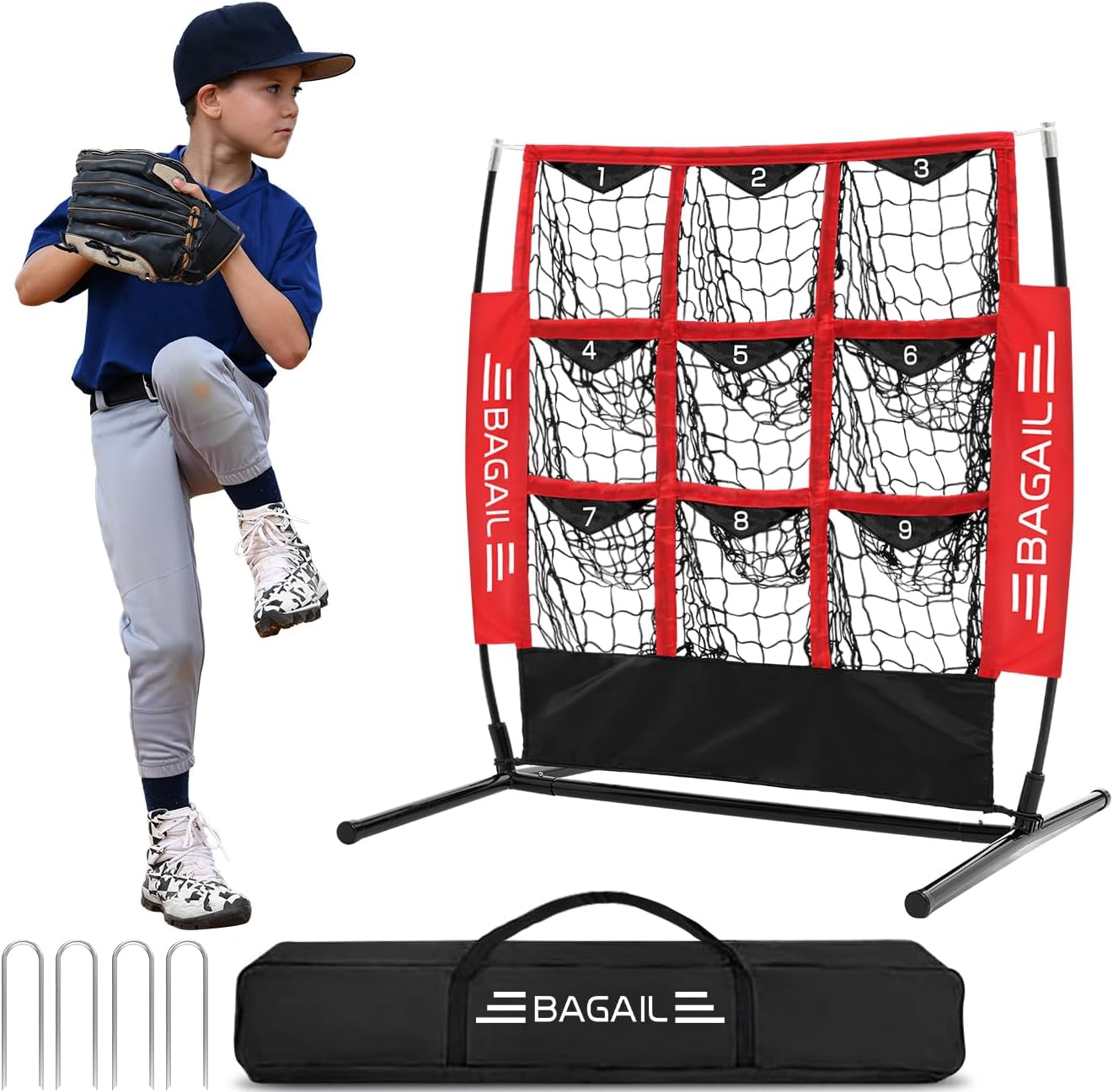 BAGAIL Baseball and Softball Pitching Net, 9 Pocket Pitching Net, Portable Pitch...