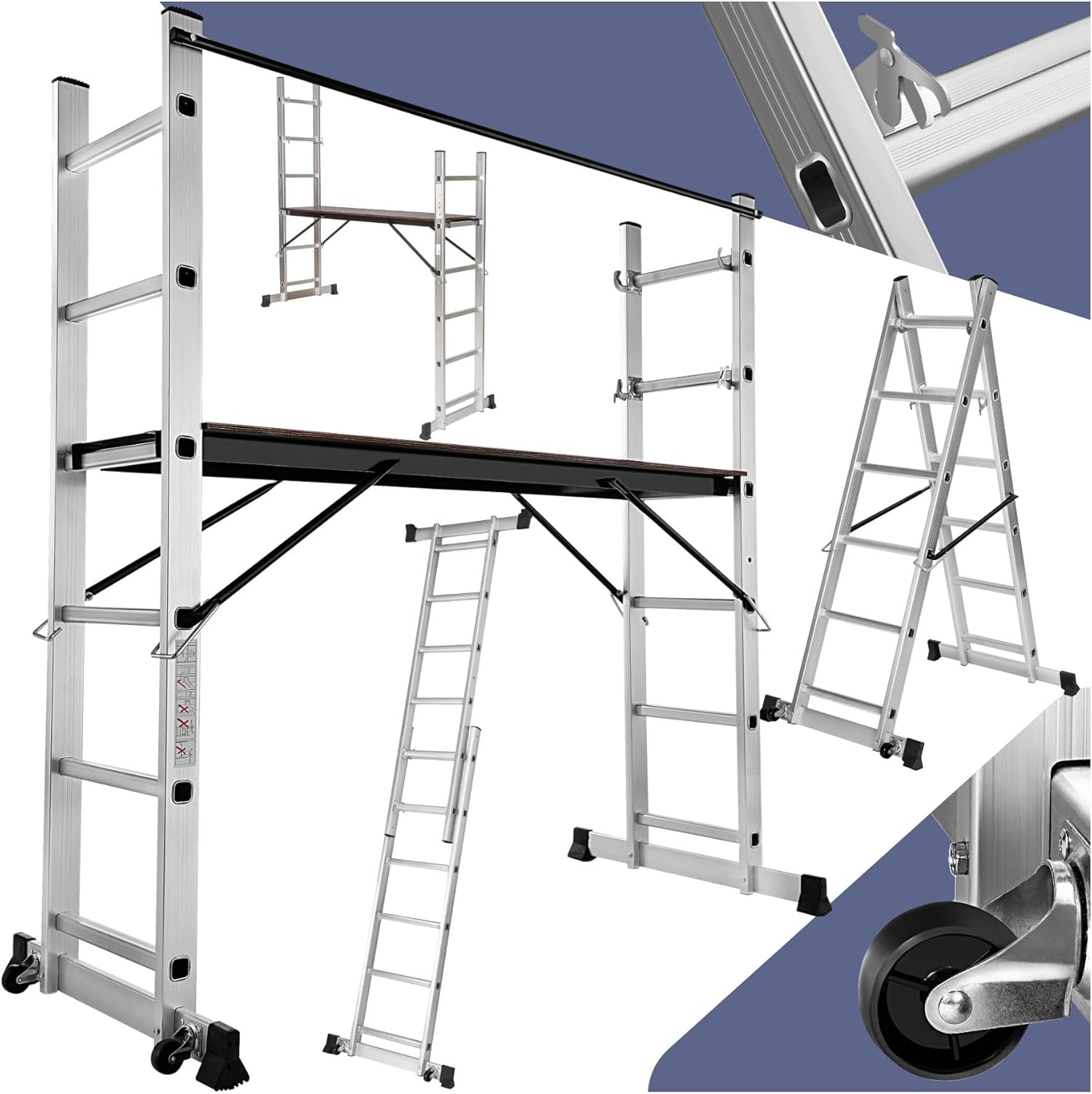 tectake® Aluminium Multi-Purpose Ladder, Adjustable 3-in-1 Scaffolding, Step Lad...