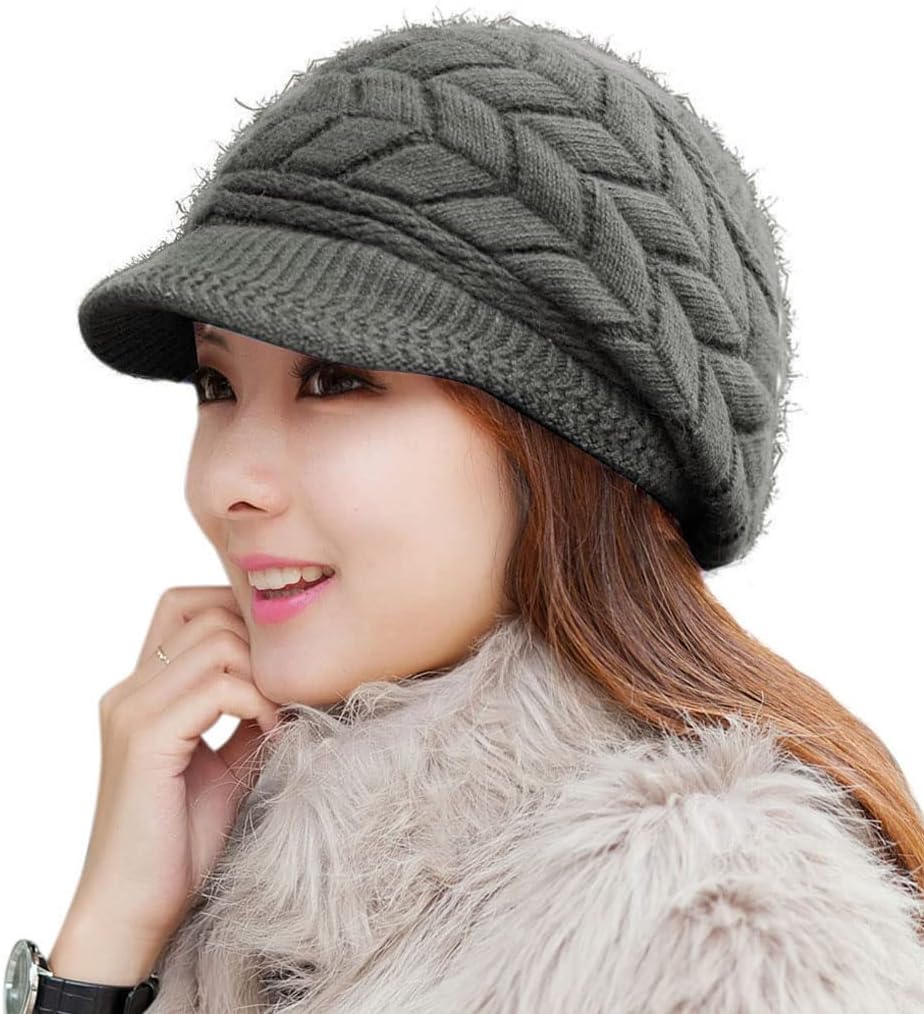 HINDAWI Women Winter Warm Knit Hat Wool Snow Ski Caps with Visor One Size-Medium...