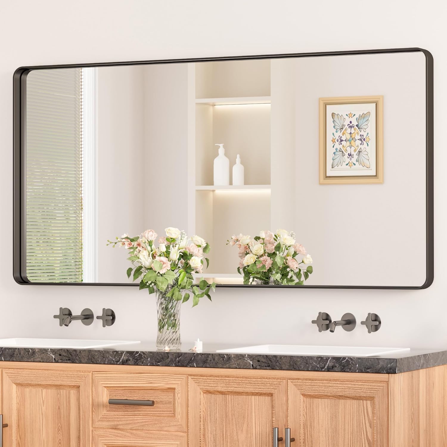 Keonjinn Black Bathroom Mirrors for Over Sink, 48 x 24 Inch Large Rounded Rectan...