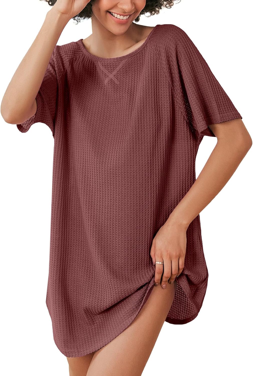 Ekouaer Women's T-Shirt Nightgown Waffle Knit Short Sleeve Sleepshirts Comfy Cas...