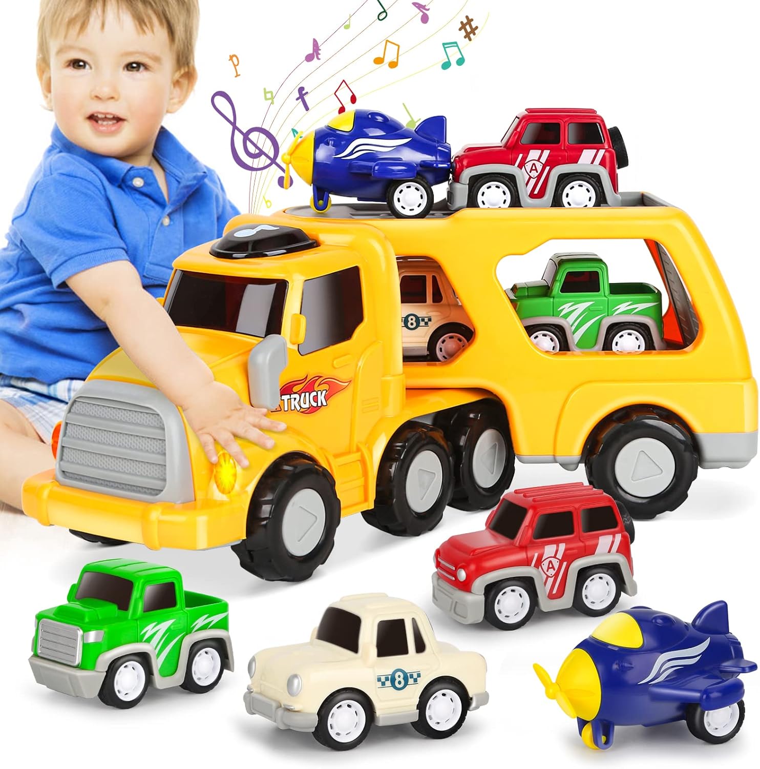 Aoskie Toy Cars for 3 4 5 Year Boys, Car Transporter Toy, Carrier Truck with 4 P...