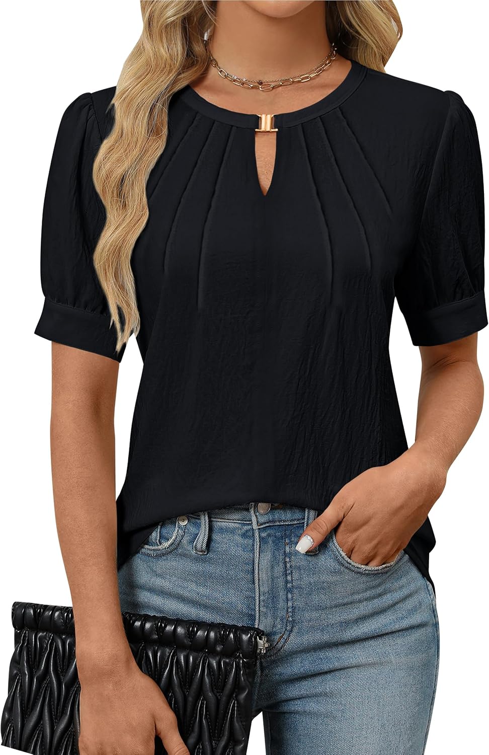 Blooming Jelly Womens Dressy Casual Tops Keyhole Business Work Blouses Pleated P...