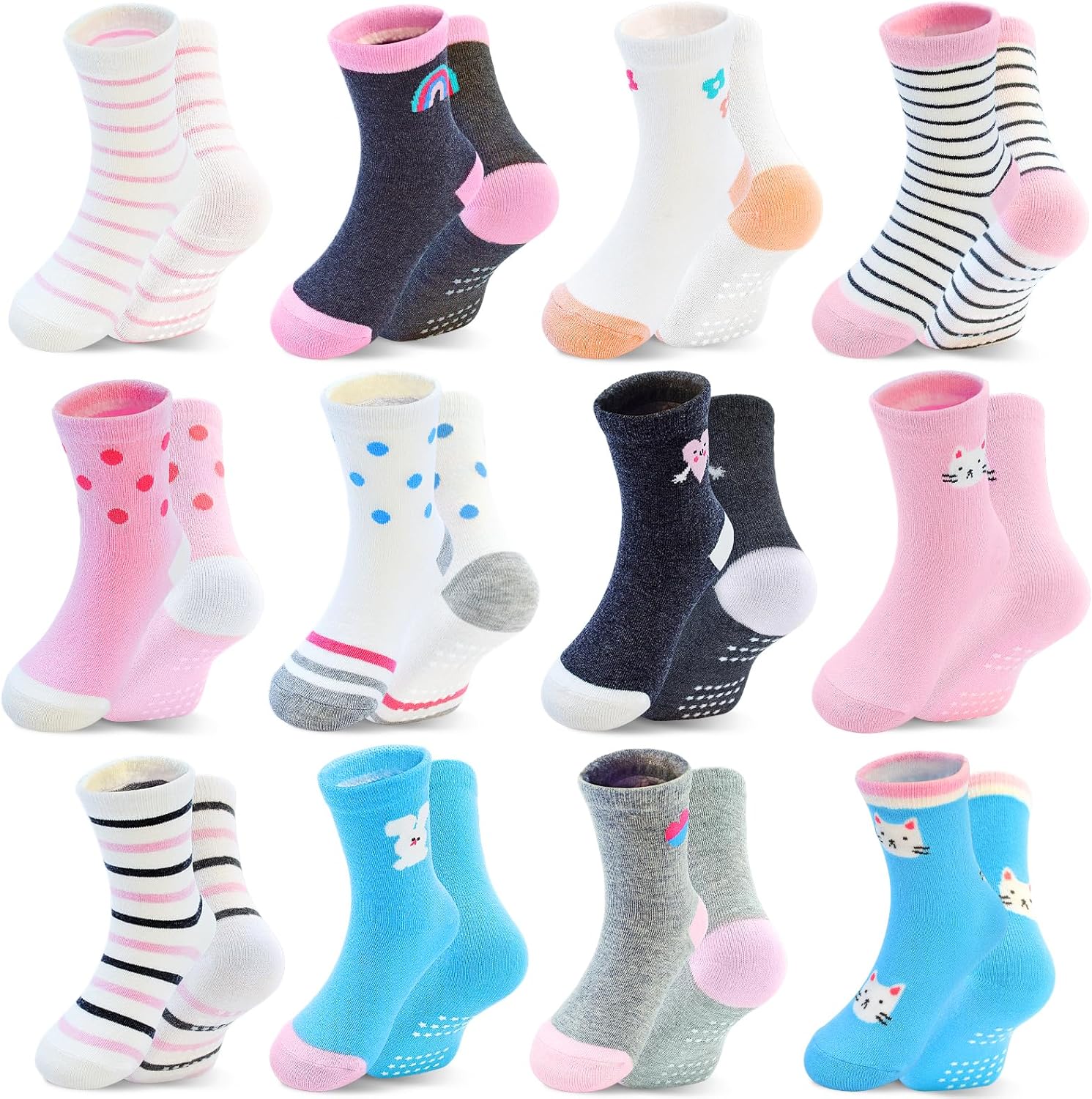 HYCLES Anti Slip Toddler Socks Girls Cartoon Crew Non-Slip Socks With Grips For...