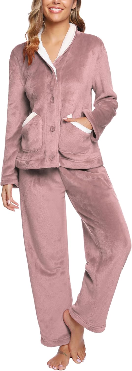 iClosam Womens Pyjamas Set Fleece Pyjamas Soft Warm Nightwear 2 Piece Fluffy Pjs...