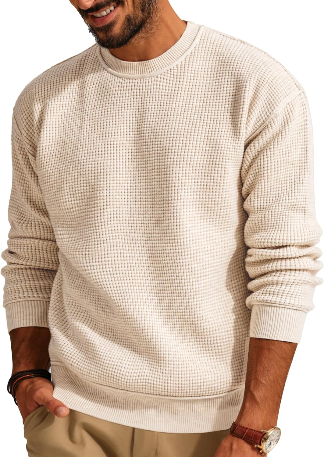 PJ PAUL JONES Mens Sweater Crewneck Knit Sweaters Casual Waffle Pullover Sweater...