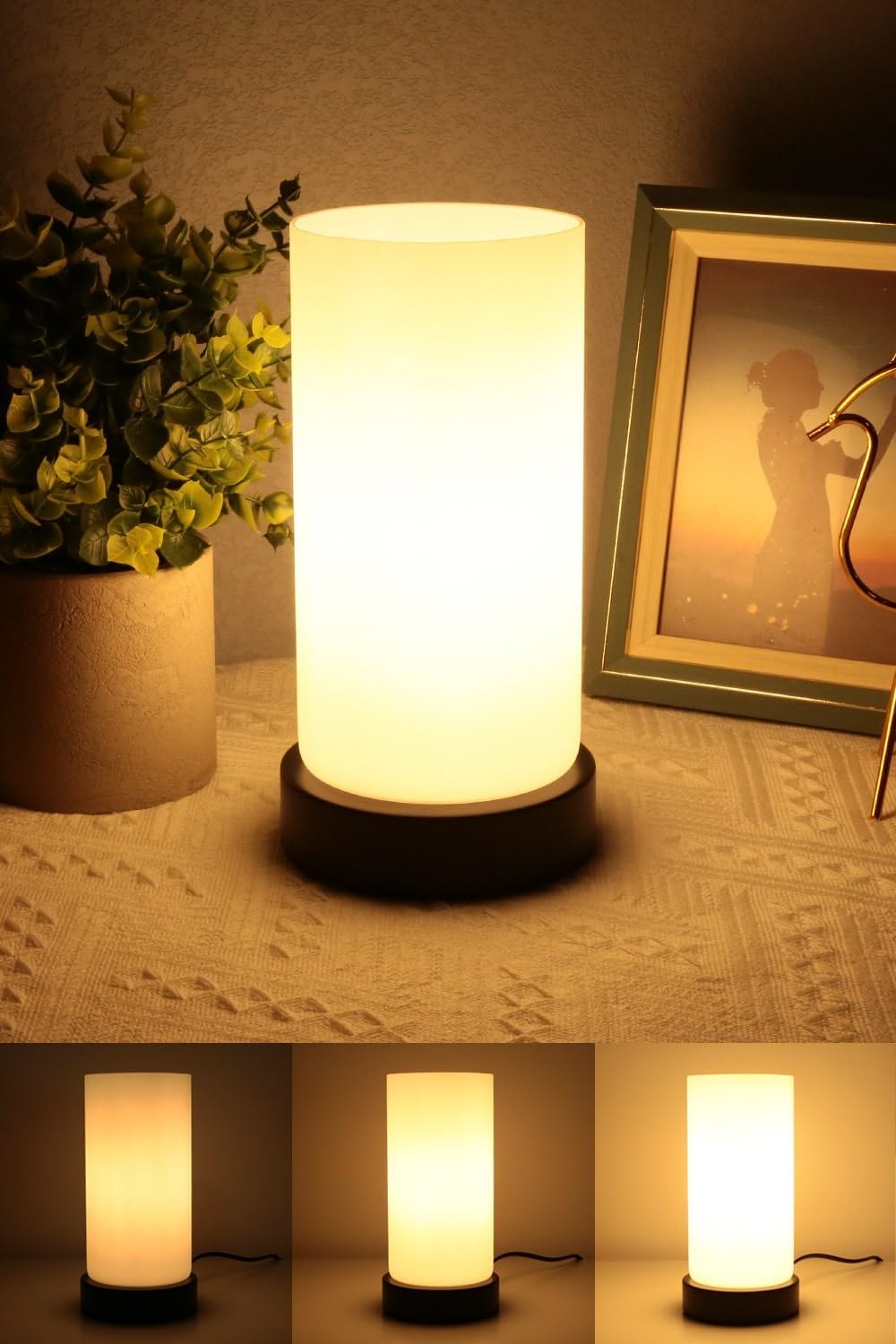 HSLighting Bedside Lamp Touch Control Night Light with Wooden Base Warm Glass Sh...