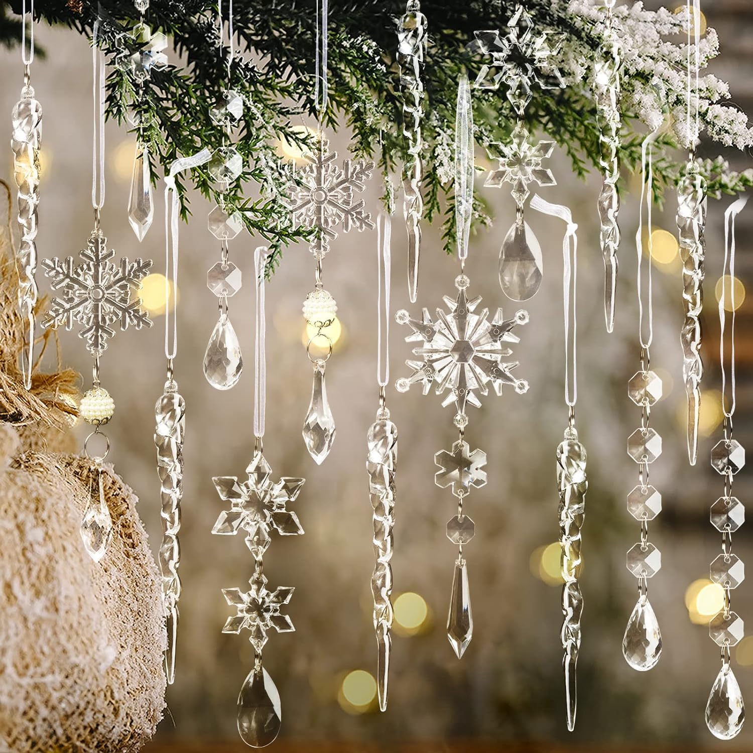 18pcs Christmas Tree Decoration Crystal Ornaments - Hanging Acrylic Christmas Sn...