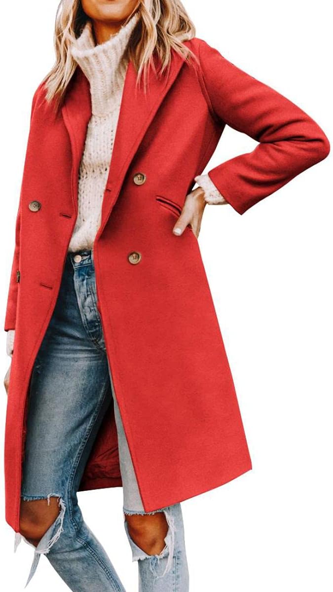 Yousify Womens Notched Lapel Collar Double Breasted Pea Coat Winter Wool Blend O...