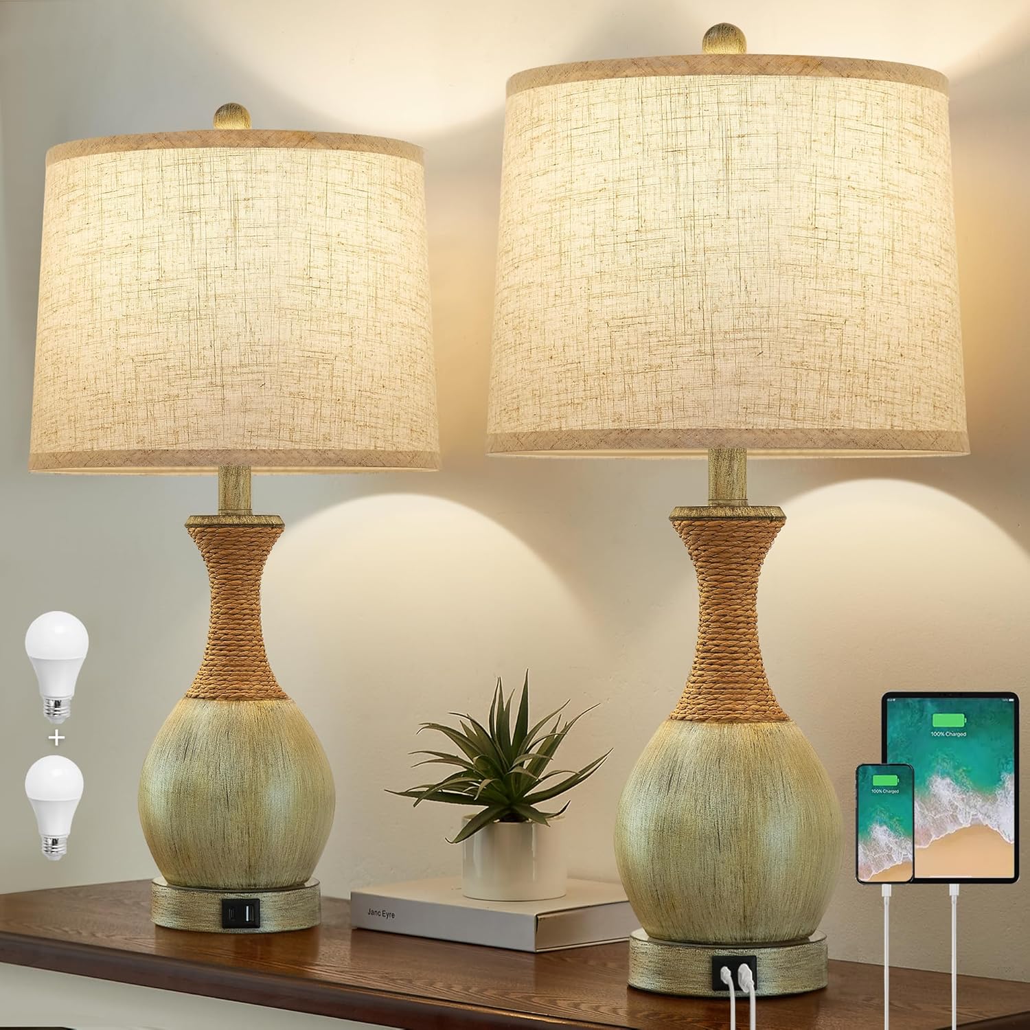 Bedside Table Lamp Set of 2 - Bedroom Table Lamps with 3 Way Dimmable - Boho Rat...