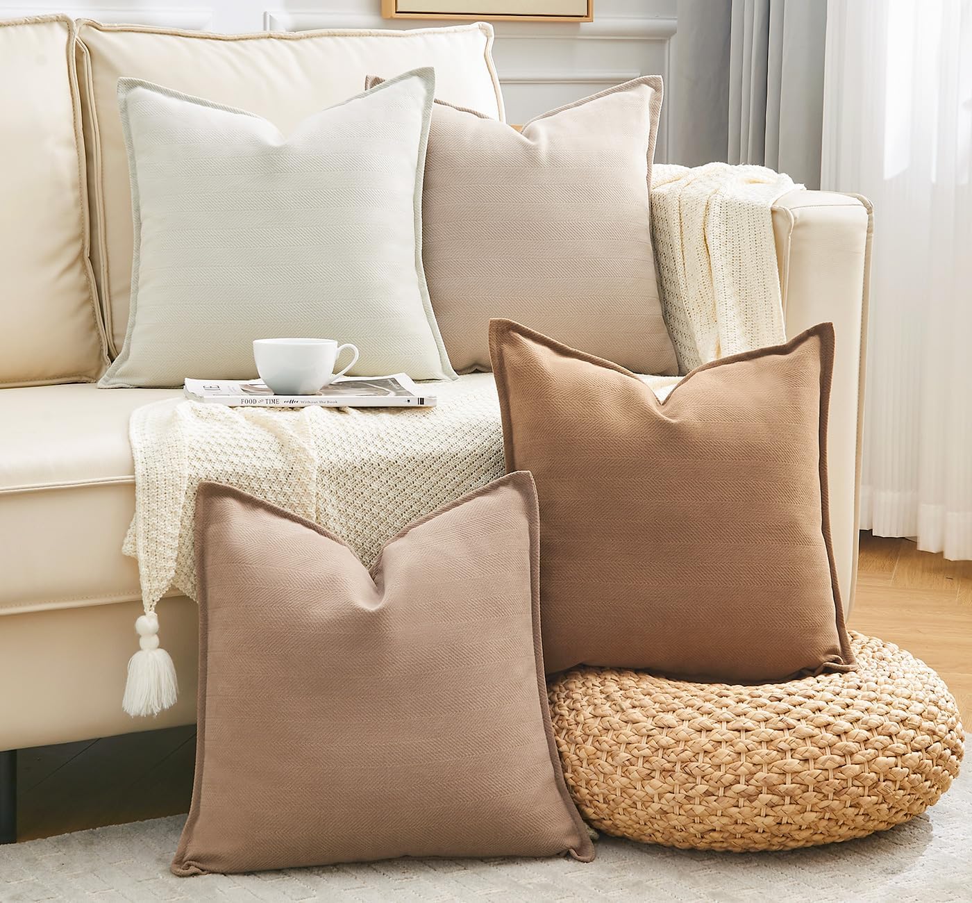 Throw Pillow Covers Set of 4 Neutral 18x18 Inch Pillow Covers, Soft Chenille Far...