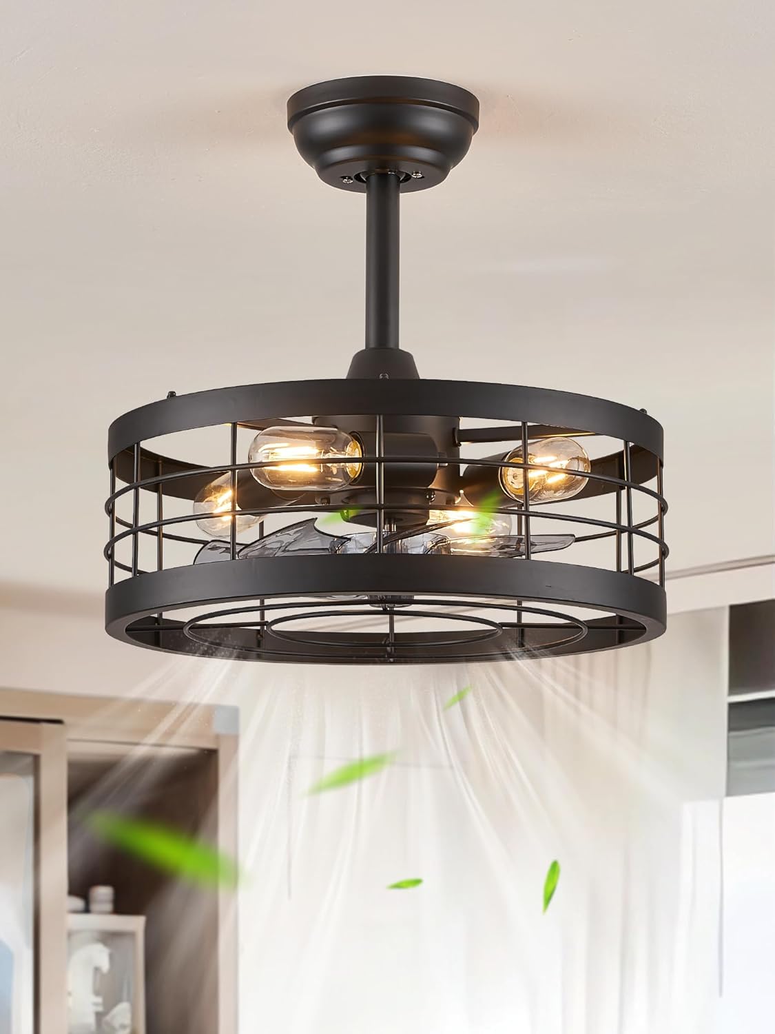 LEDIARY 16.5 inch Black Caged Ceiling Fan With Light, Fandelier Industrial Ceili...