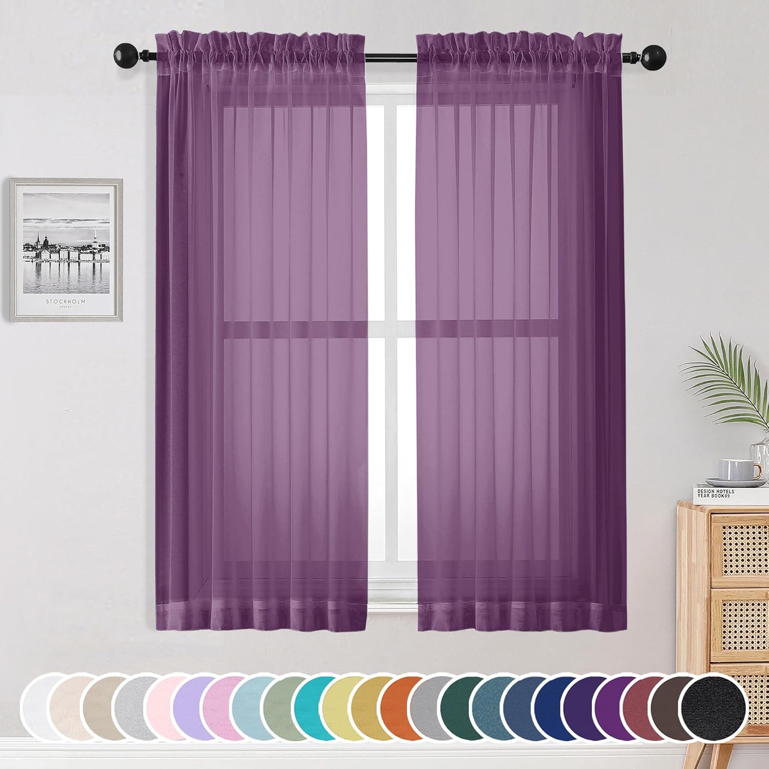 OWENIE Plum Sheer Curtains 63 Inches Long 2 Panels Set, Light Filtering Voile Fi...