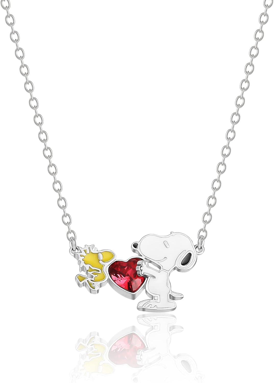 PEANUTS Womens Snoopy and Woodstock Red Crystal Heart Necklace 18" - Silver Plat...