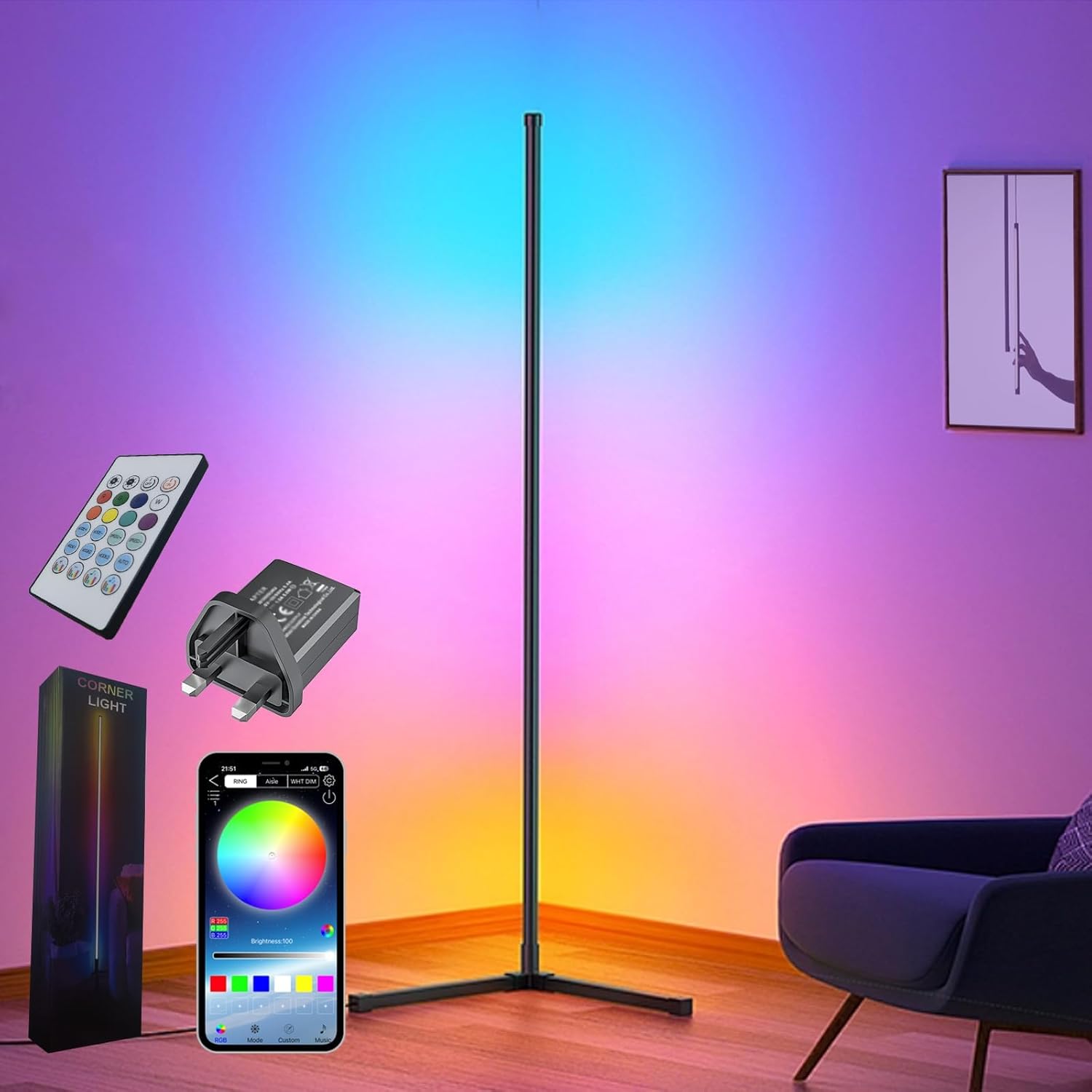 Corner Floor Lamp,60” Smart RGB LED Corner Lamp with App and Remote Control, Col...