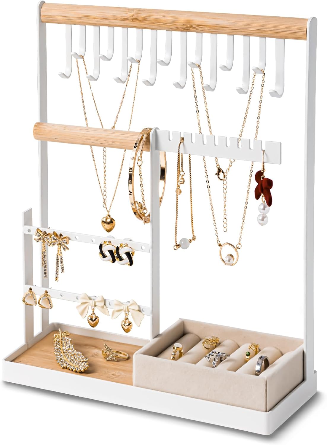 DreamGenius Jewelry Organizer Stand with Velvet Ring Holder, 4 Tier Jewelry Hold...