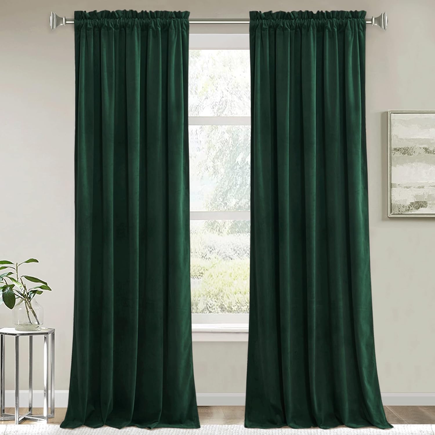 RYB HOME Green Velvet Curtains & Drapes - Half Blackout Soft Window Curtains The...