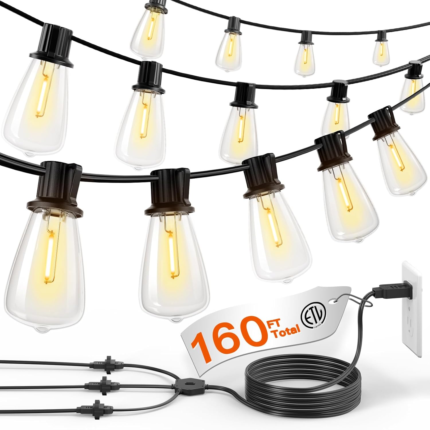 addlon 160FT(3x50FT) Outdoor String Lights, Waterproof Patio Lights with 1 to 3...