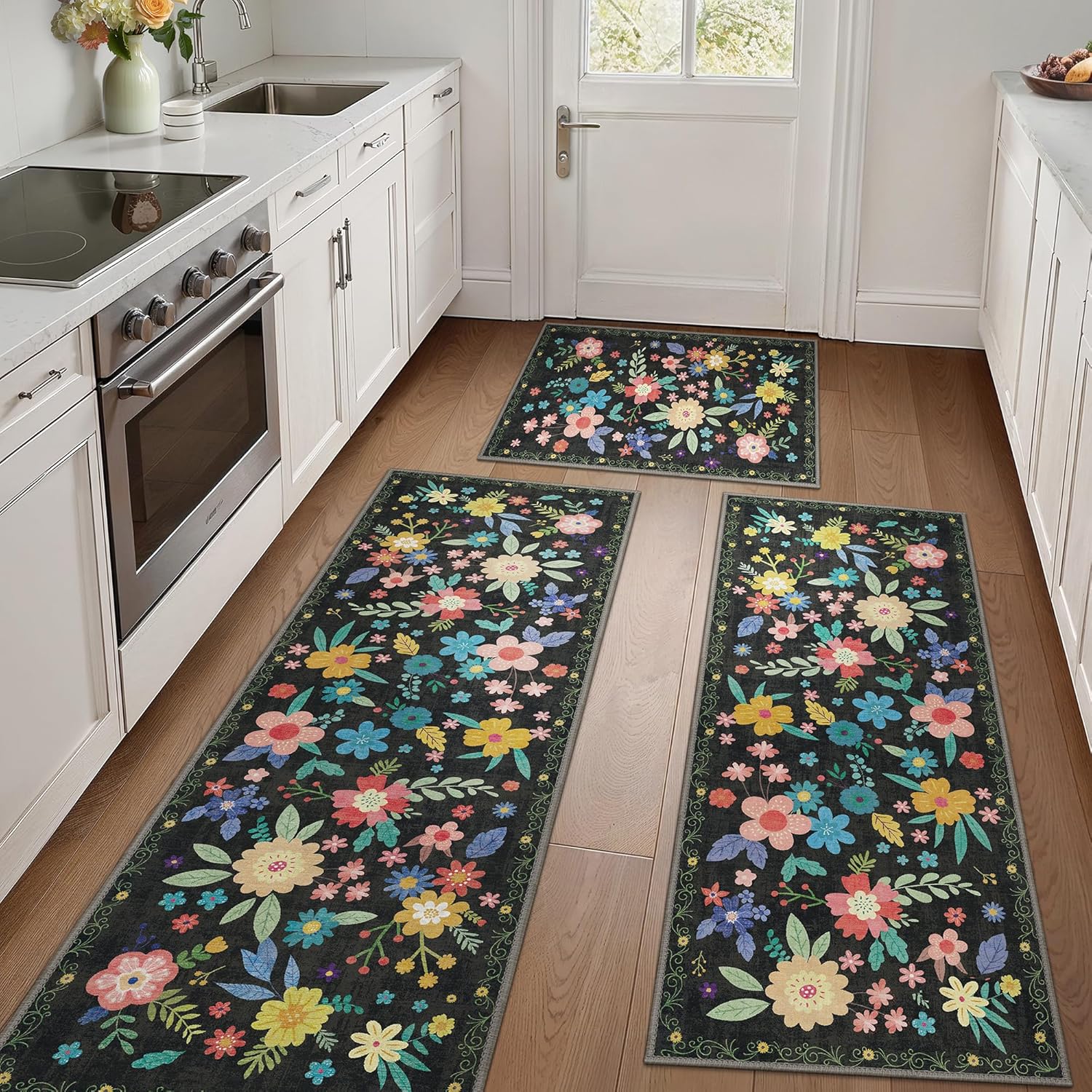 GENIMO Kitchen Mats for Floor Non Slip Washable Kitchen Rugs Sets of 3, Floral K...