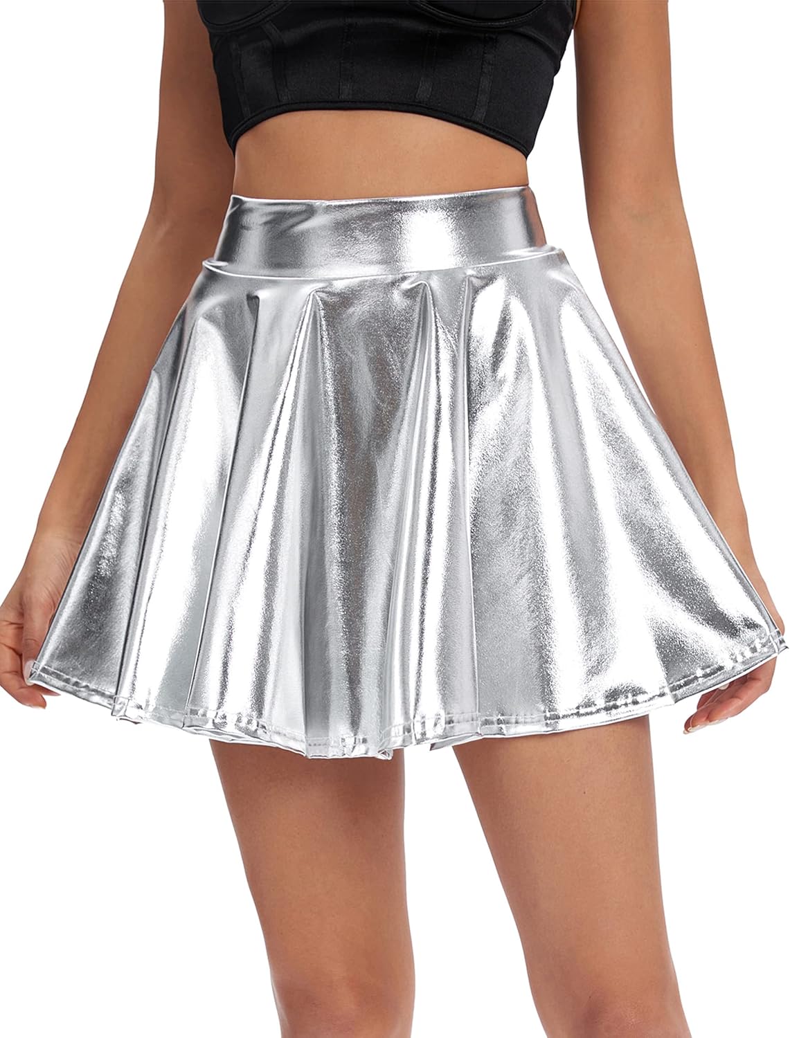 Urban CoCo Women's Shiny Flared Pleated Mini Skater Skirt Silver Medium