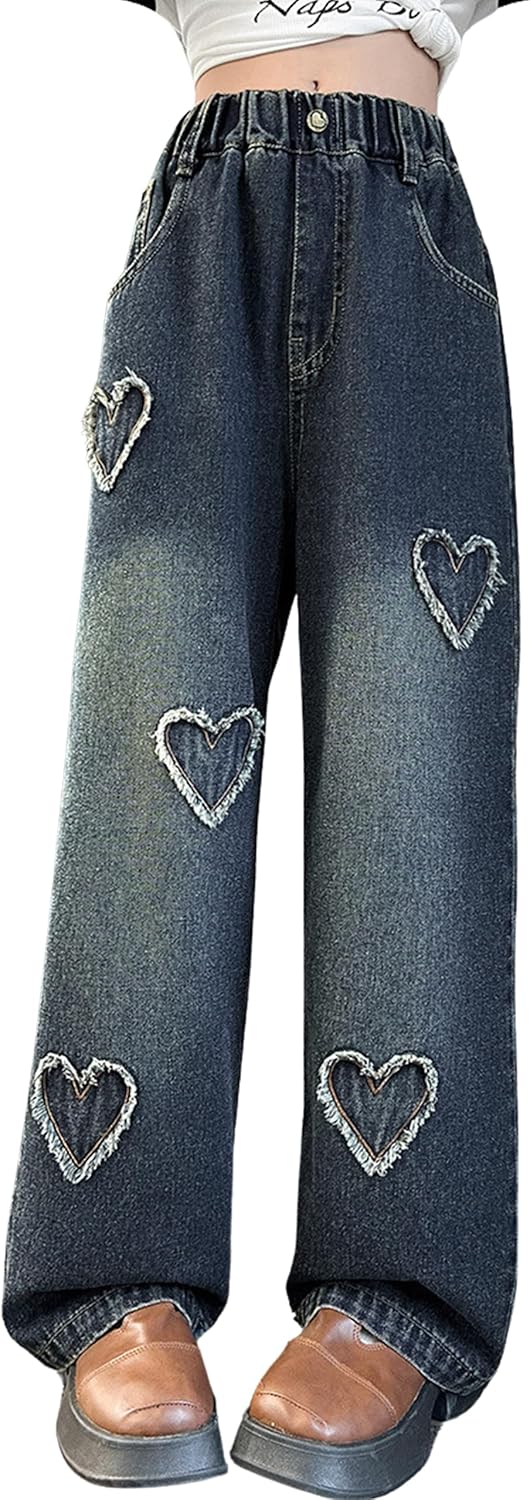 Rolanko Girls Jeans Bootcut Ripped Elasticated Waist Retro Style Denim Pants for...