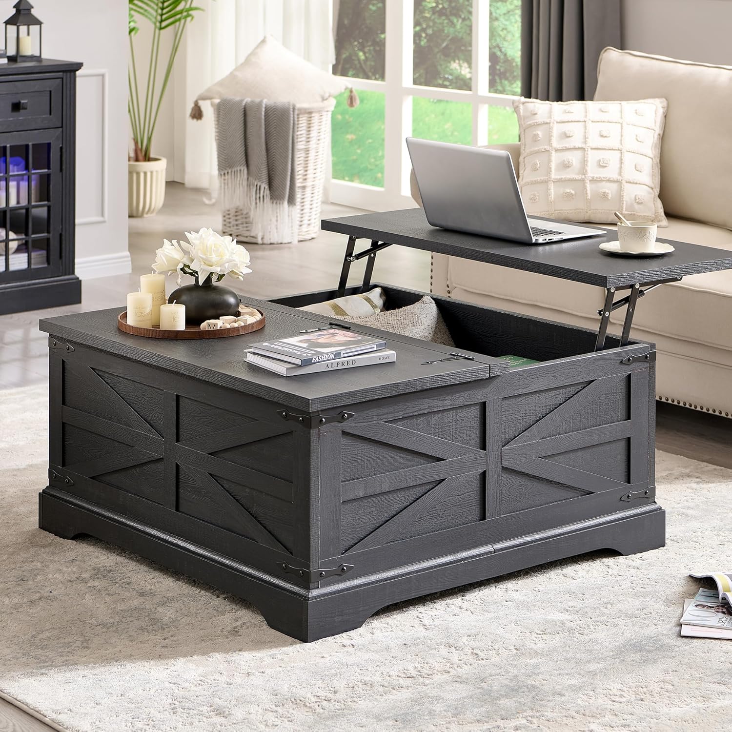 JXQTLINGMU Farmhouse Lift Top Coffee Table with Storage, 36" Wood Square Center...