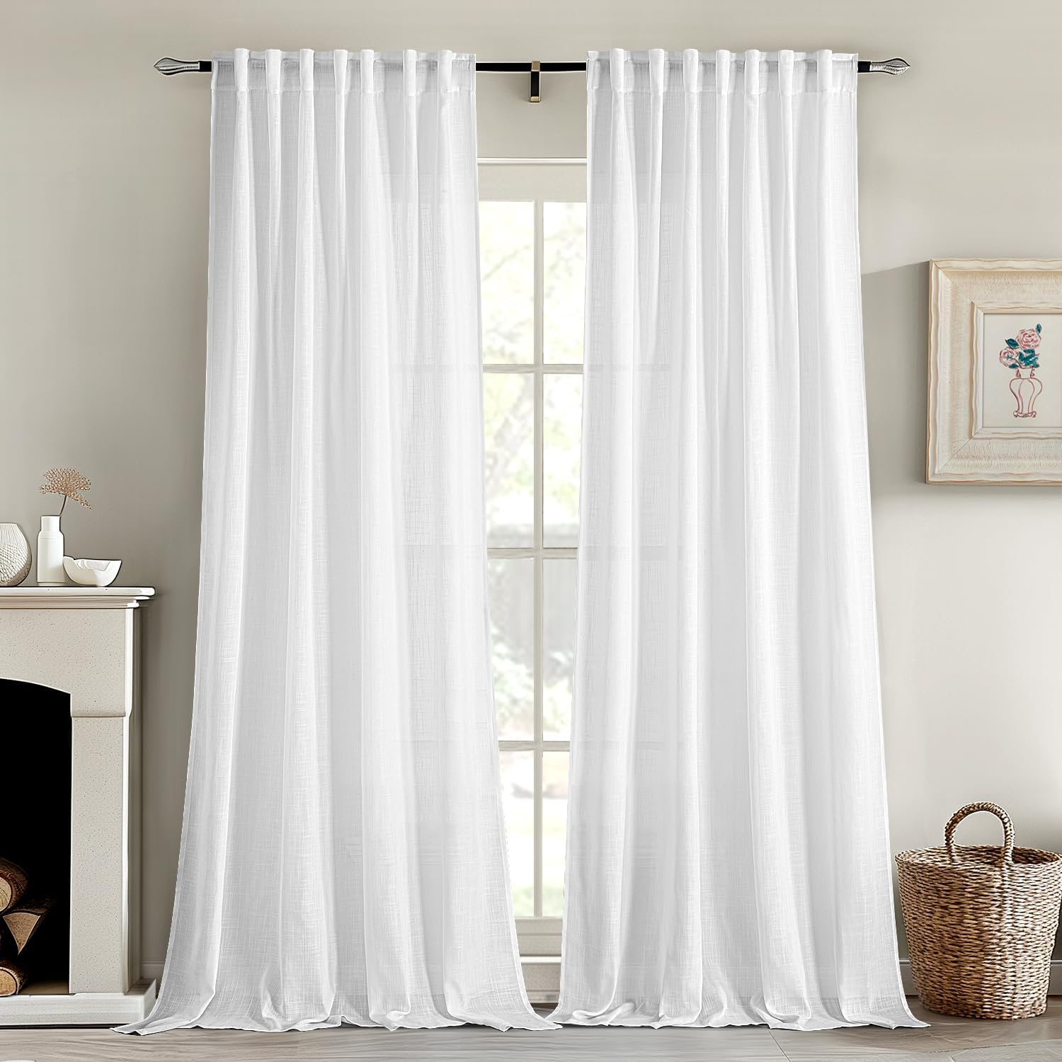 MIULEE White Linen Curtains 108 Inches Long 2 Panels for Bedroom Living Room, So...
