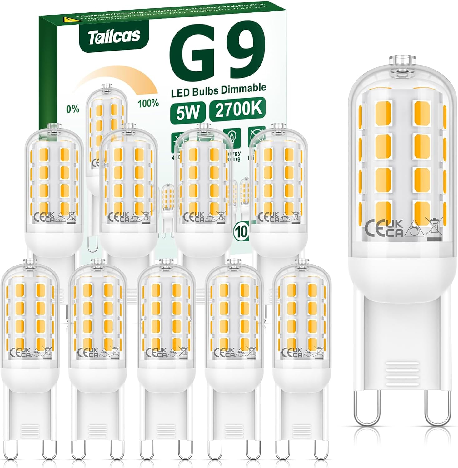 Tailcas G9 LED Bulbs Dimmable Warm White 2700K, 5W 450LM G9 Bulb Equivalent to 4...