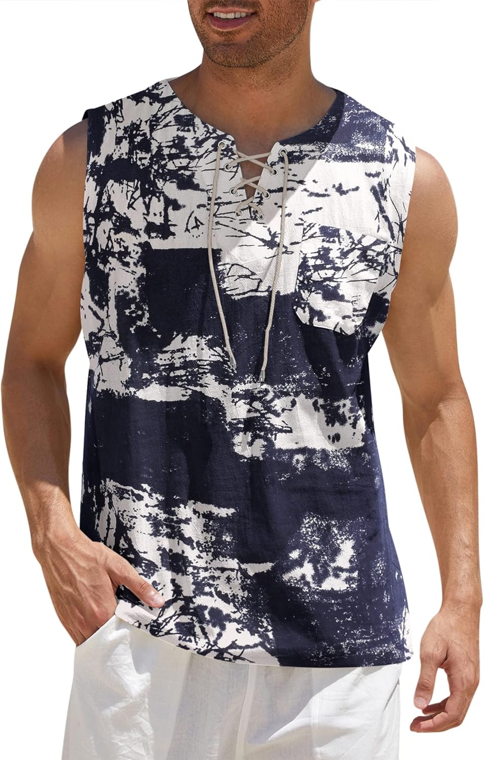 COOFANDY Men's Cotton Linen Tank Top Shirts Casual Sleeveless Lace Up Beach Hipp...
