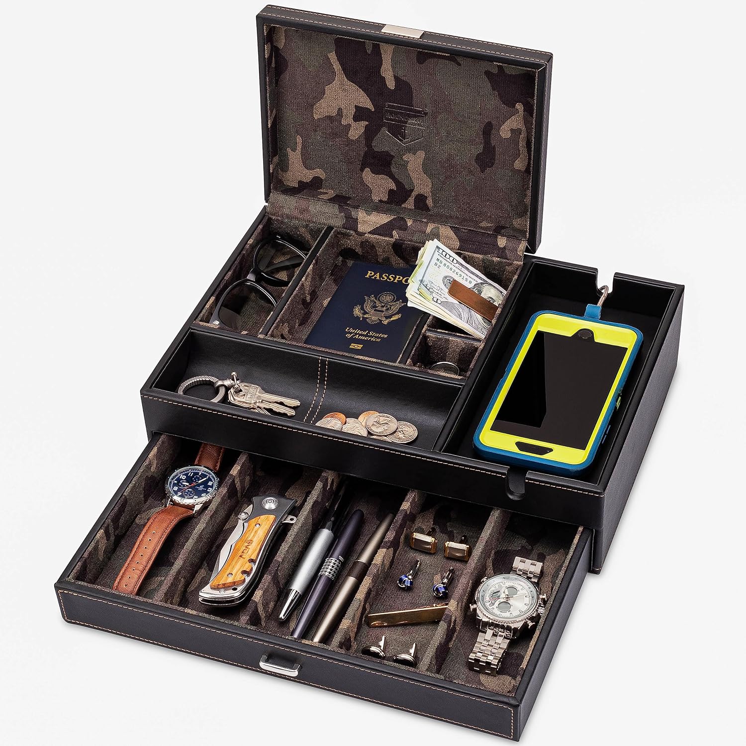 HOUNDSBAY Admiral Dresser Valet Box, Camo Gifts for Men, Mens Jewelry Box Organi...