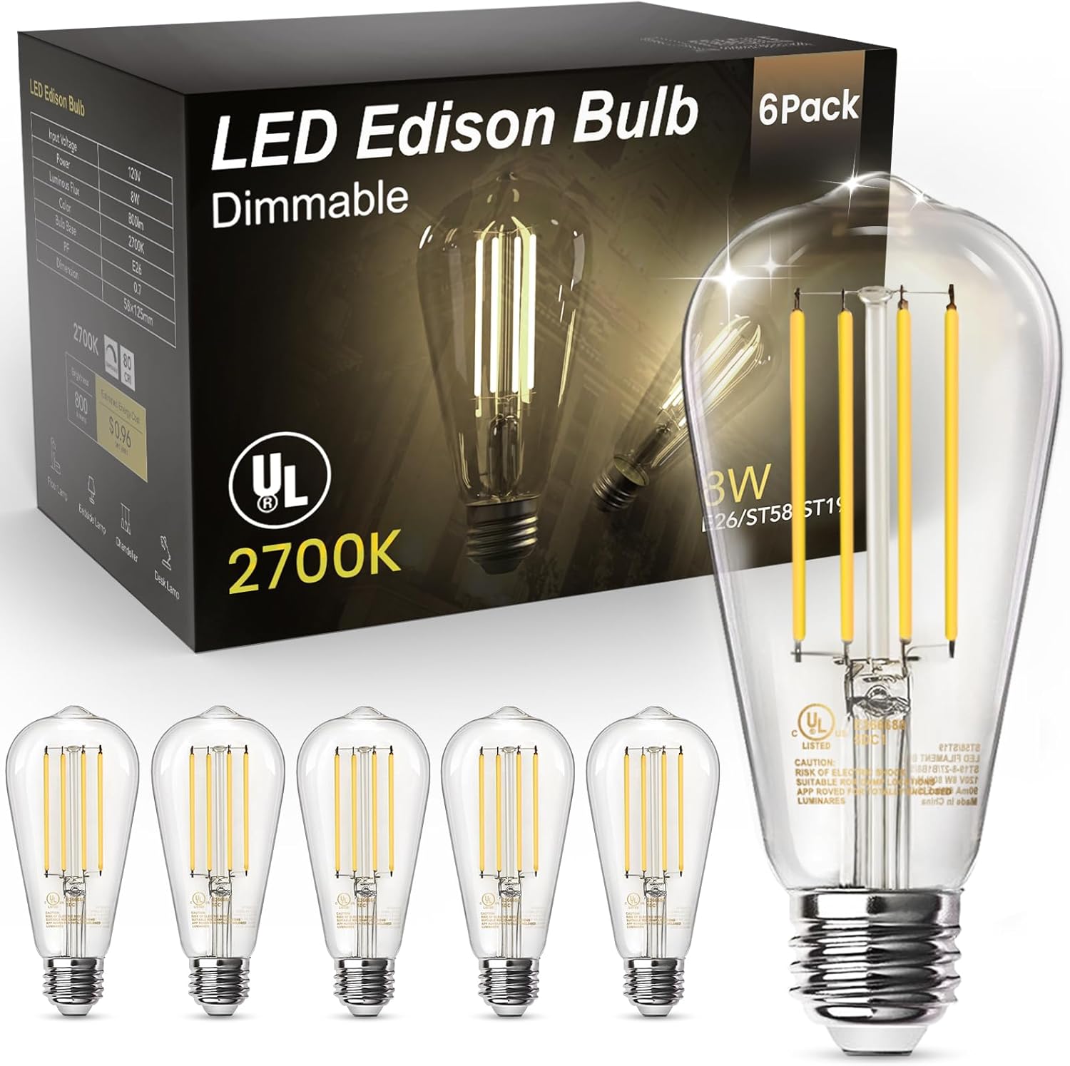 TJOY Edison Light Bulbs 60W Equivalent, Dimmable Vintage LED Light Bulbs, E26 Me...