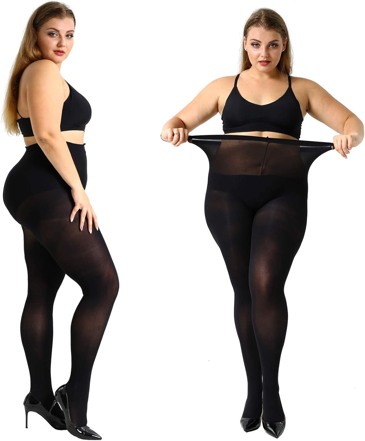 MANZI 2 Pairs 70 Denier Women's Plus Size Tights Stretch Opaque Control Top Tigh...