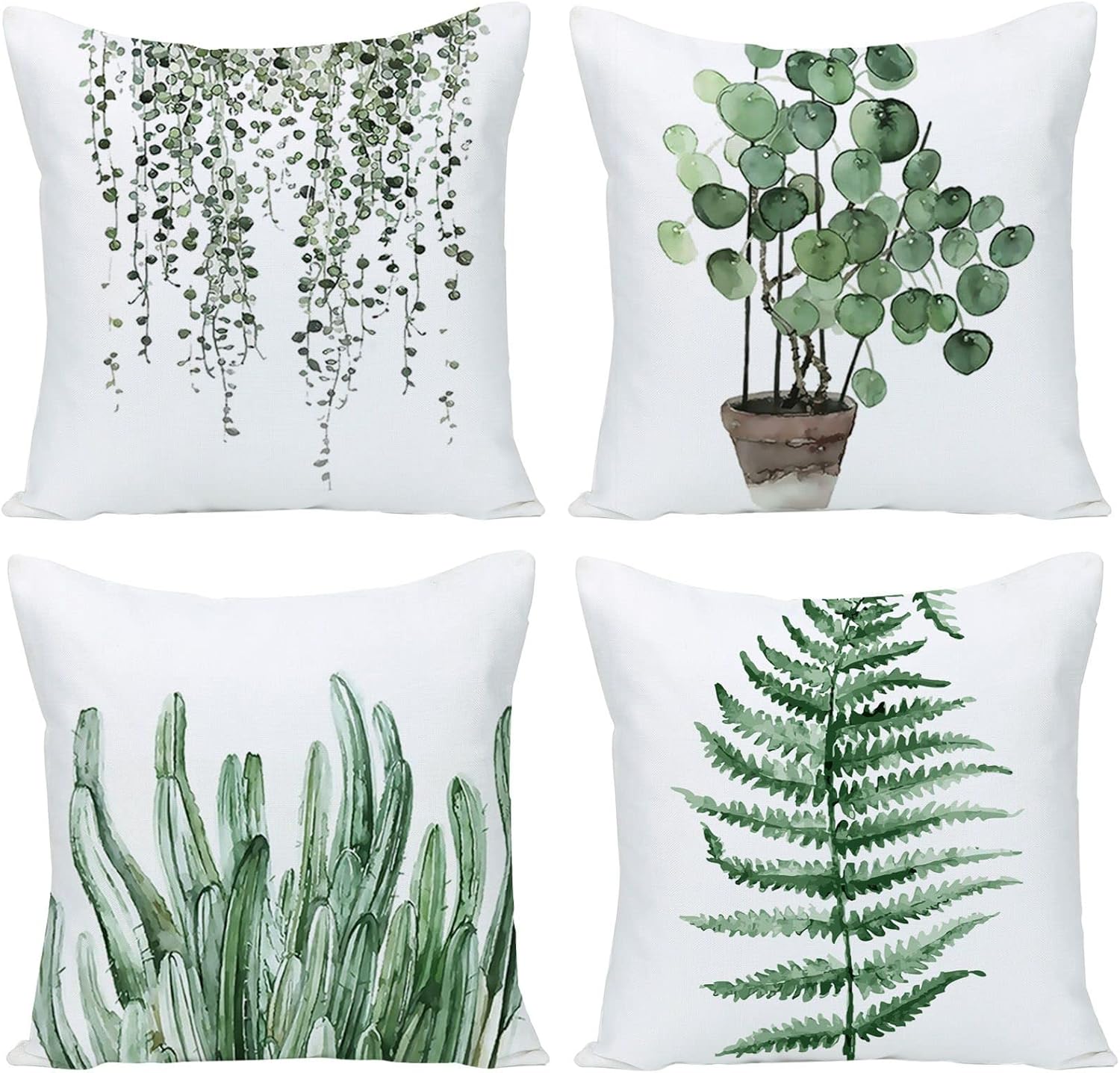 Set of 4 Tropical Green Plants Decorative Throw Pillow Covers 16x16 Inch Summer...
